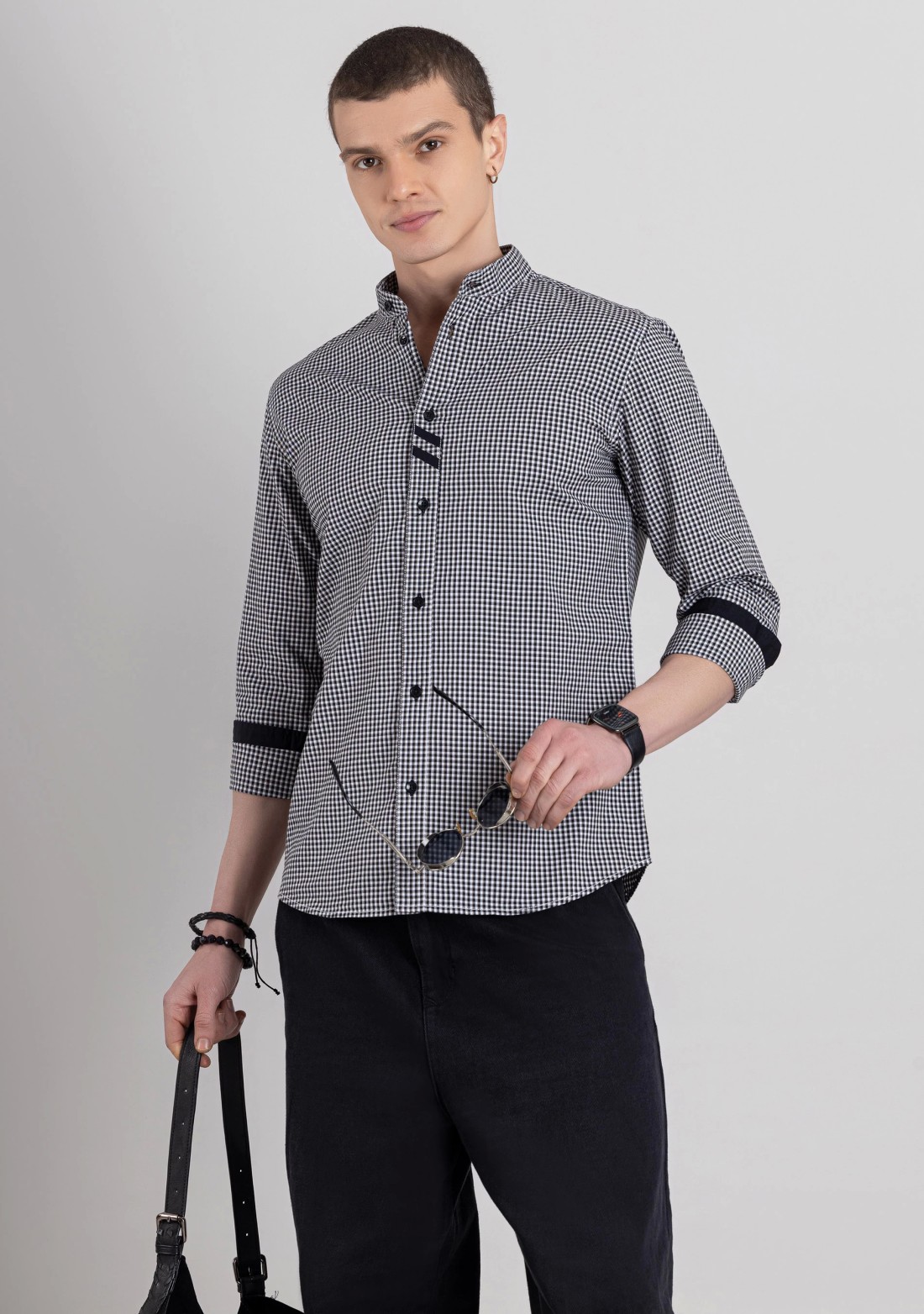 White and Black Gingham Men's Cotton Check Shirt