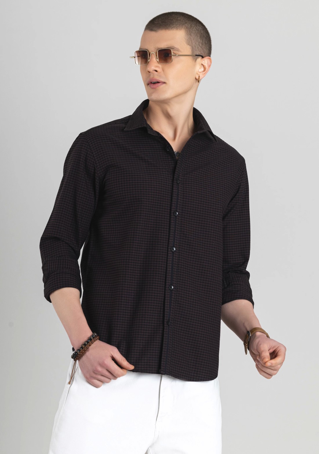 Chocolate Brown and Black Gingham Men's Cotton Check Shirt