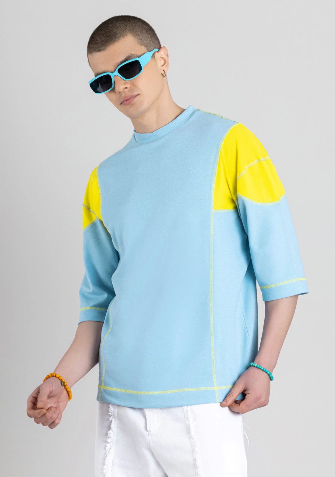 Powder Blue Contrast Stitch Oversized T-shirt for Men