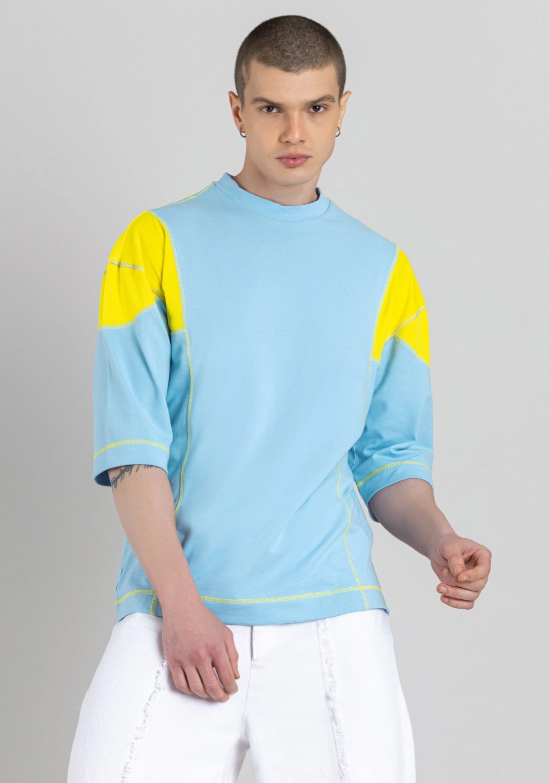 Powder Blue Contrast Stitch Oversized T-shirt for Men