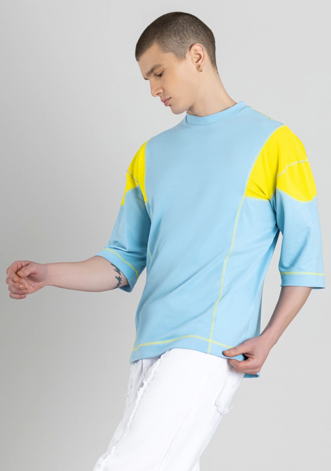 Powder Blue Contrast Stitch Oversized T-shirt for Men