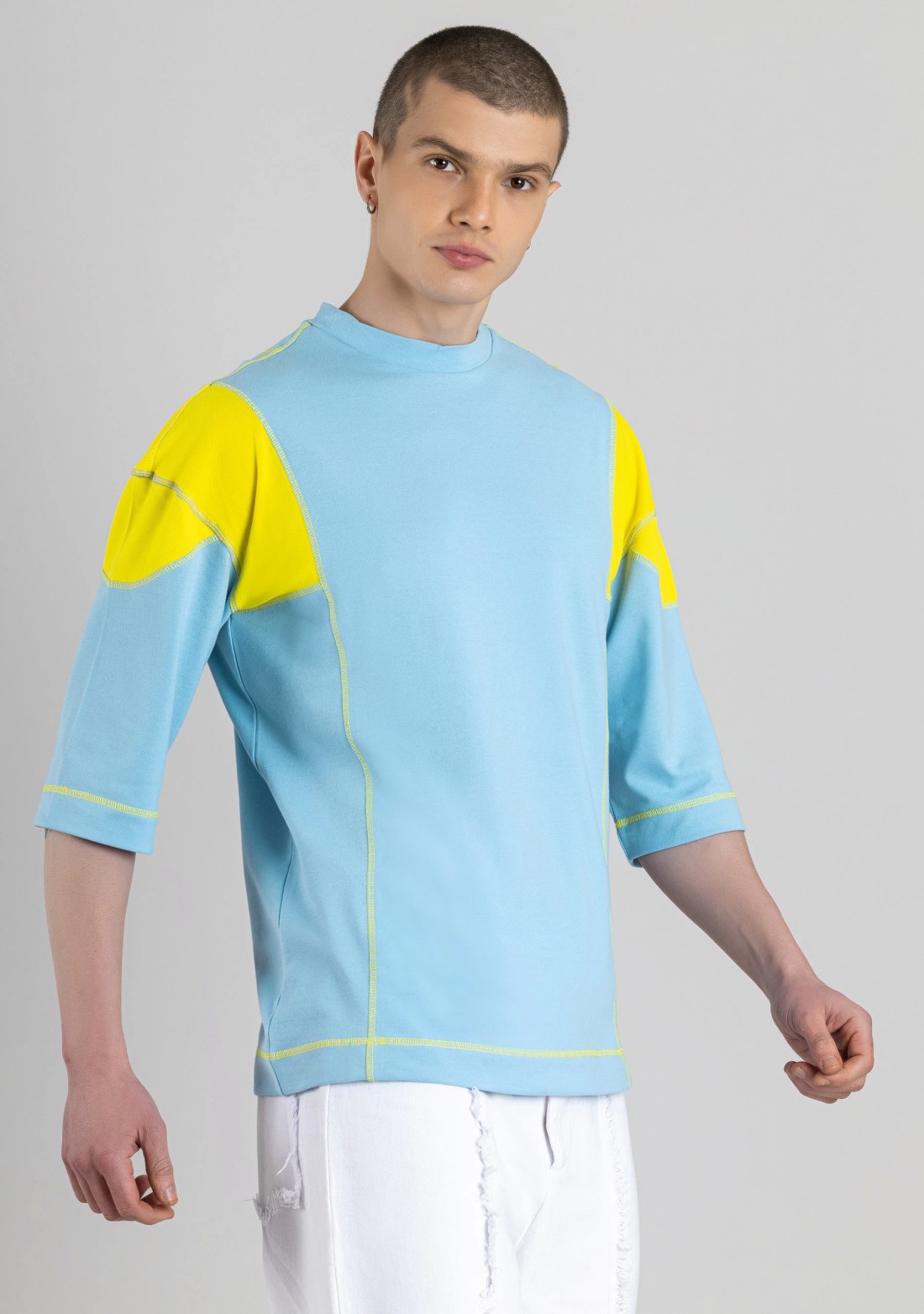 Powder Blue Contrast Stitch Oversized T-shirt for Men