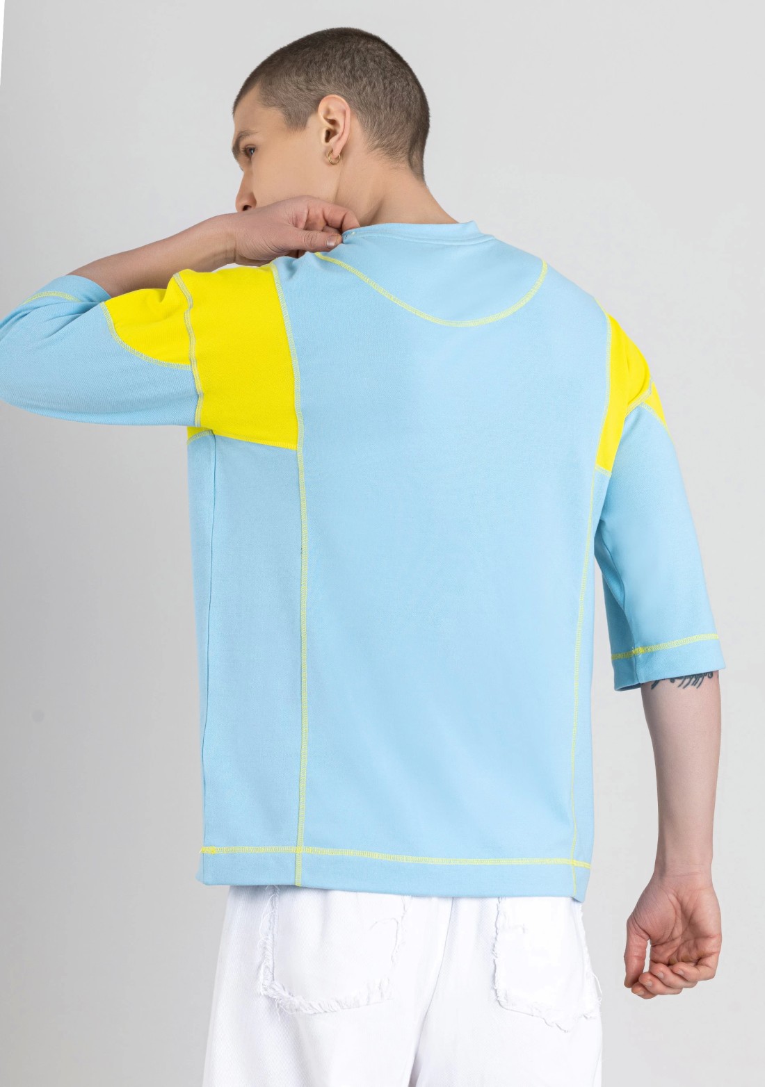 Powder Blue Contrast Stitch Oversized T-shirt for Men