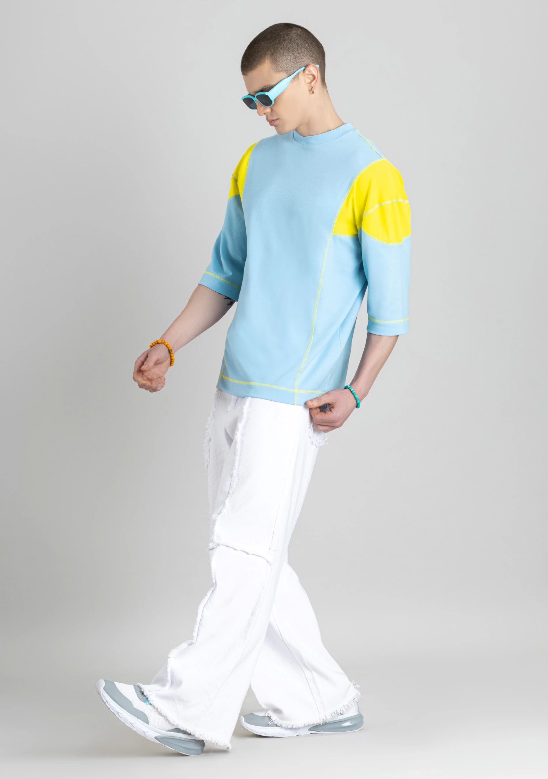 Powder Blue Contrast Stitch Oversized T-shirt for Men