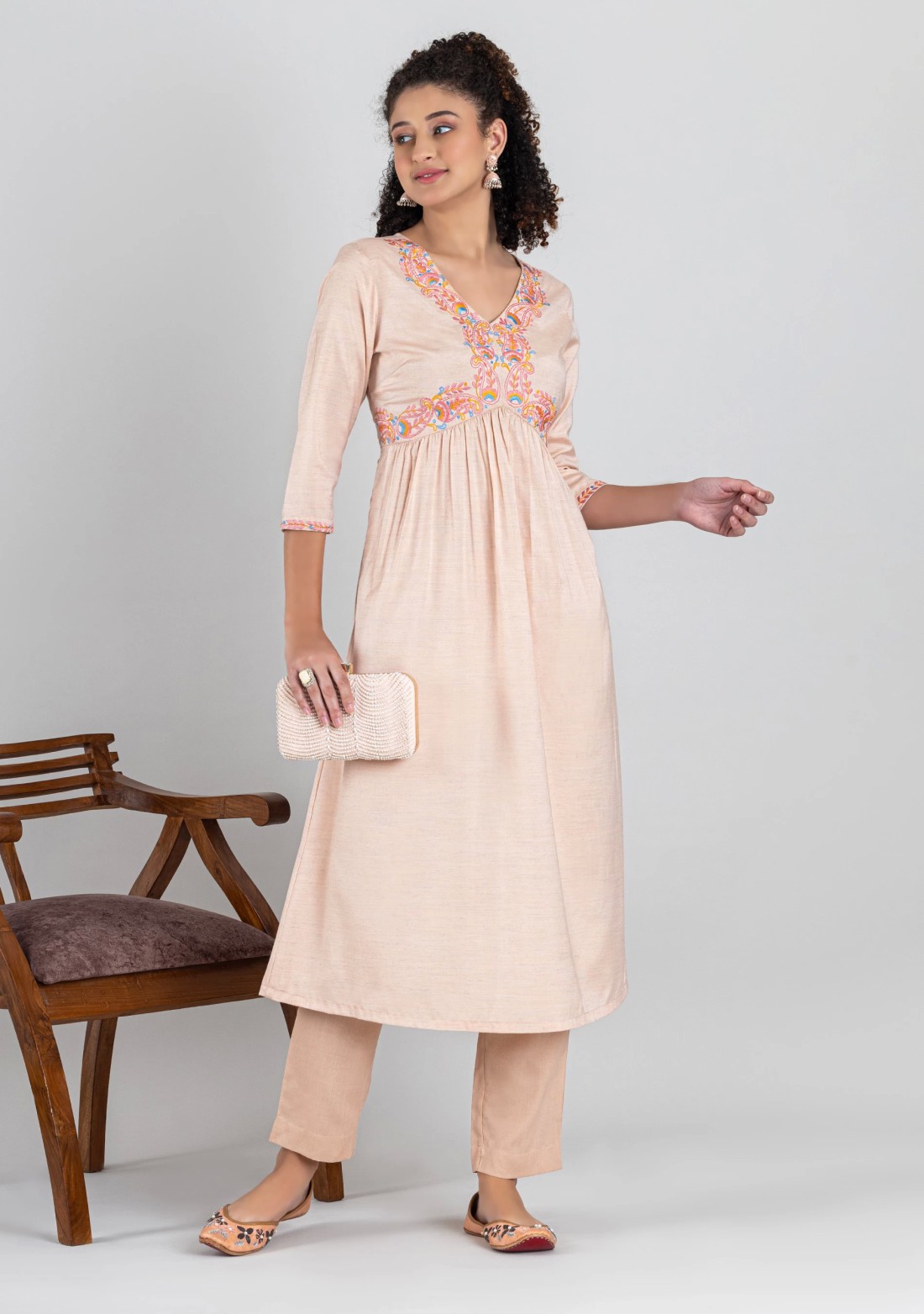 Peach Embroidered Silk Flared Kurta