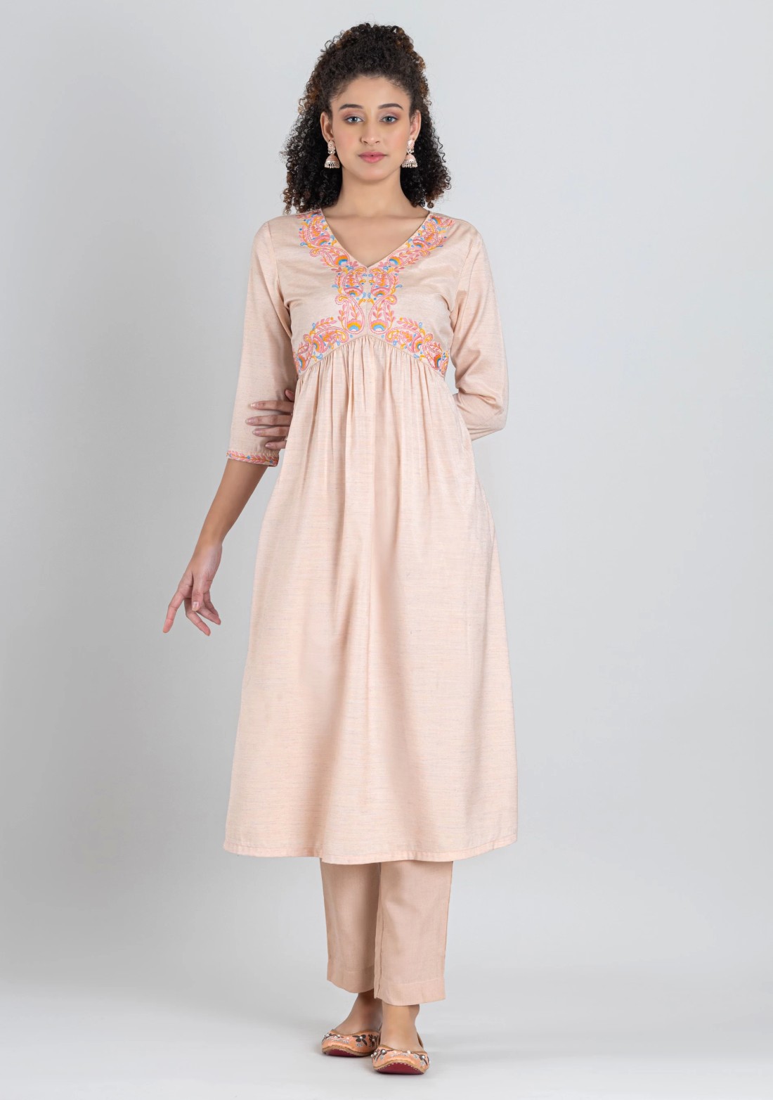 Peach Embroidered Silk Flared Kurta