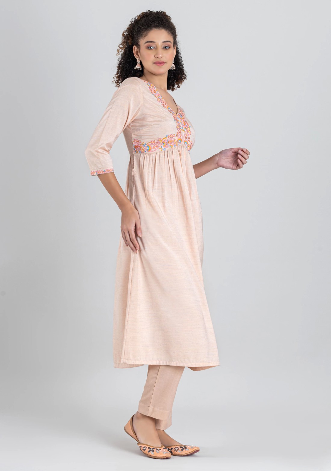 Peach Embroidered Silk Flared Kurta