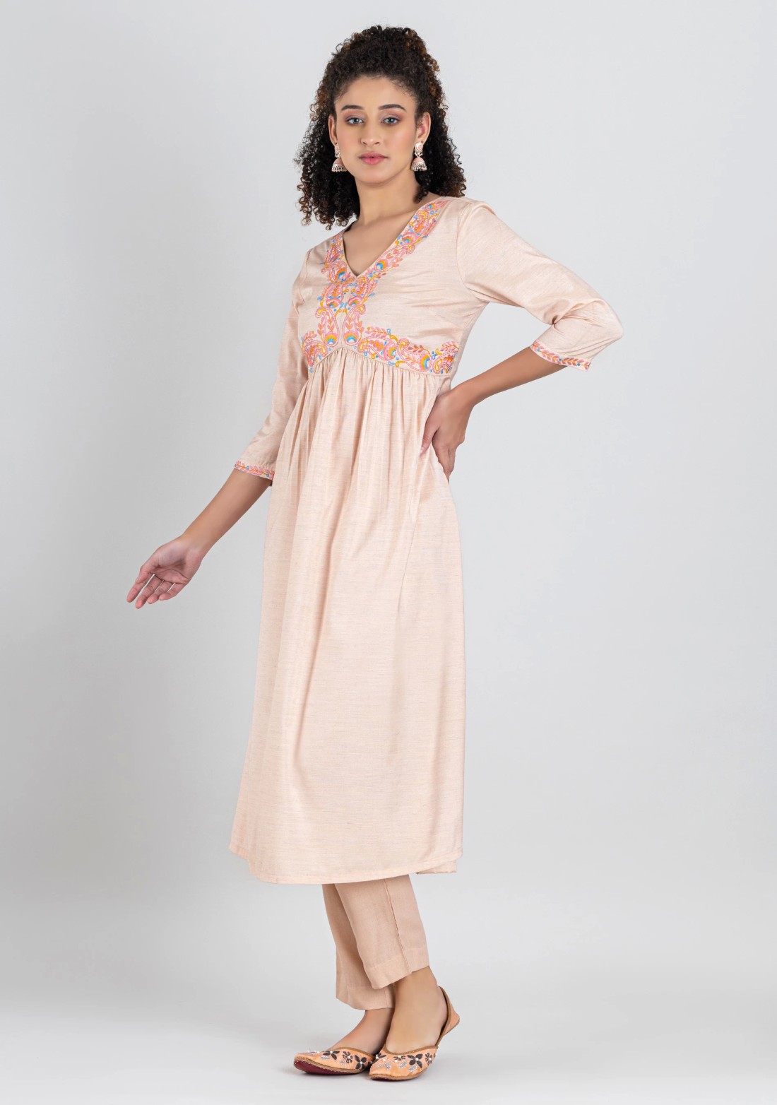 Peach Embroidered Silk Flared Kurta