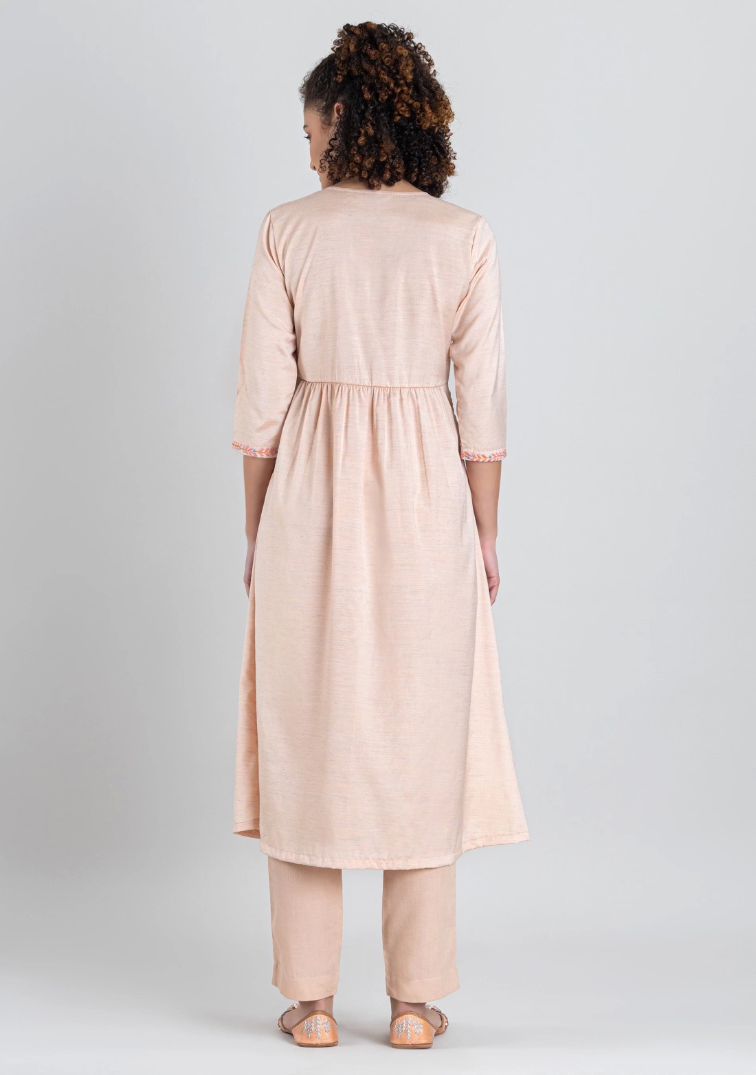 Peach Embroidered Silk Flared Kurta