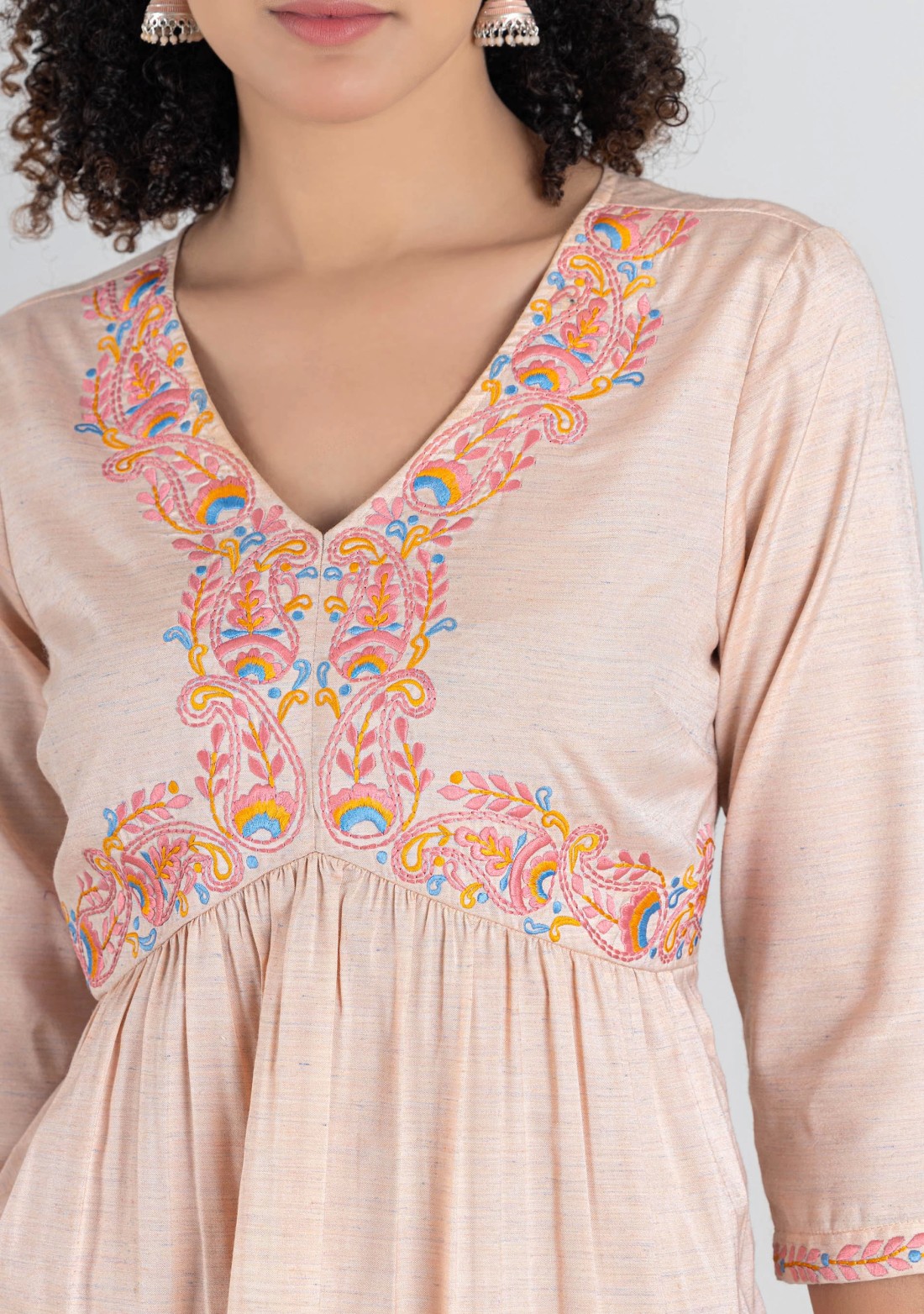 Peach Embroidered Silk Flared Kurta