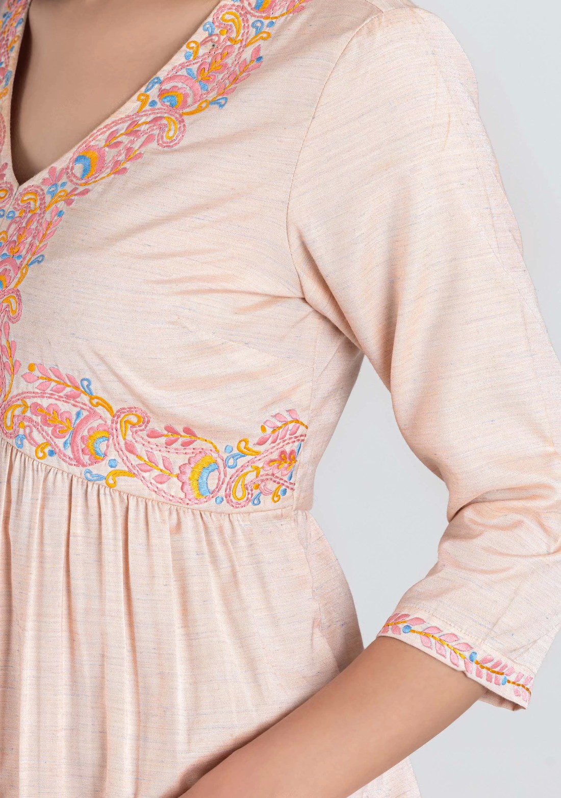 Peach Embroidered Silk Flared Kurta