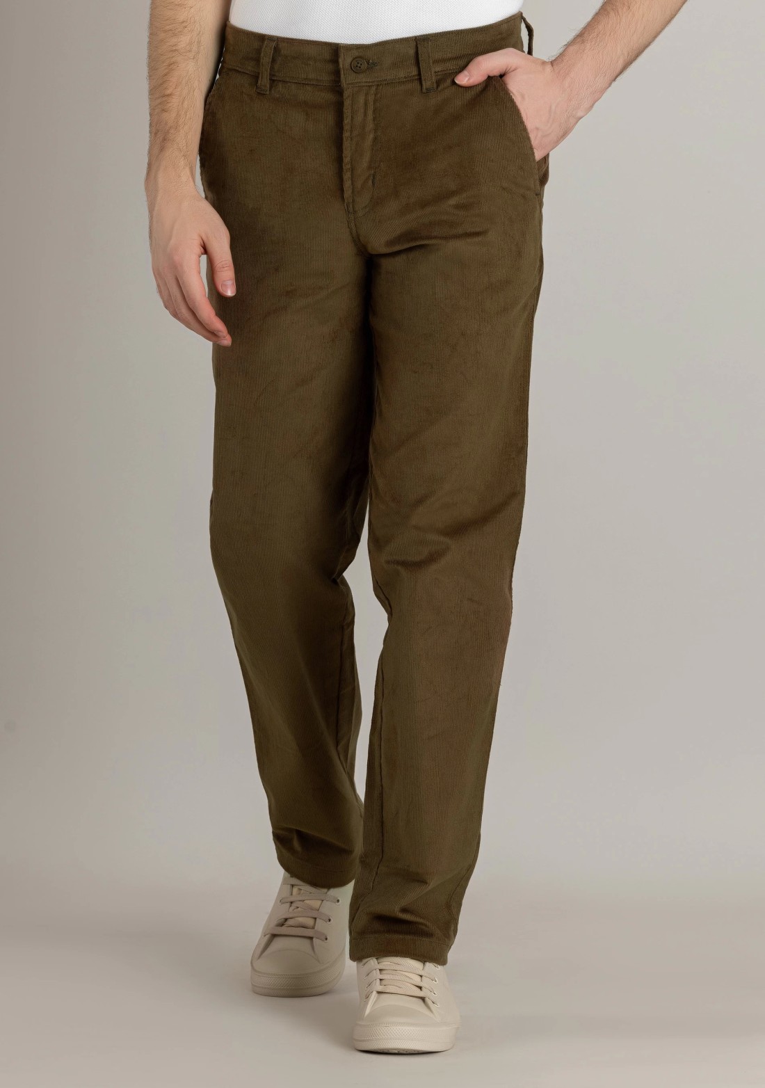 Dark Khaki Regular Fit Men’s Casual Corduroy Trousers