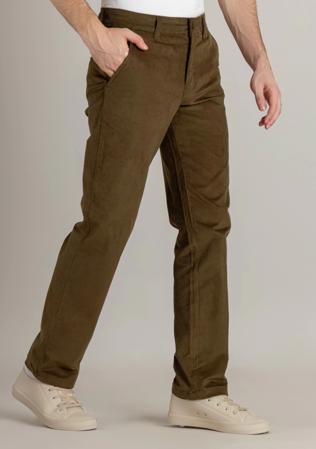 Dark Khaki Regular Fit Men’s Casual Corduroy Trousers