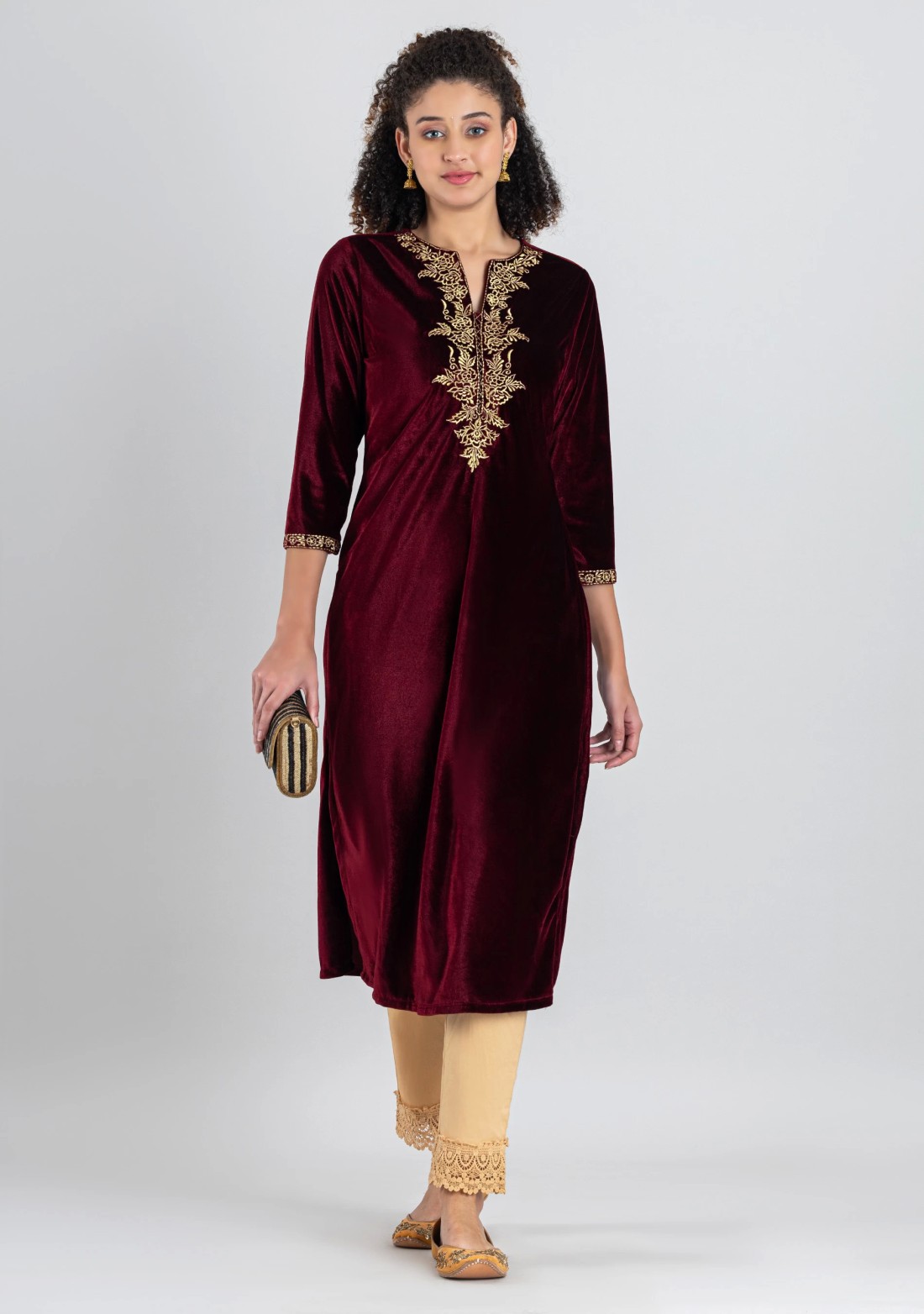 Maroon Velvet Embroidered Straight Kurta