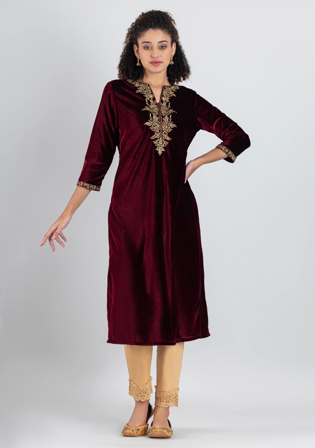 Maroon Velvet Embroidered Straight Kurta