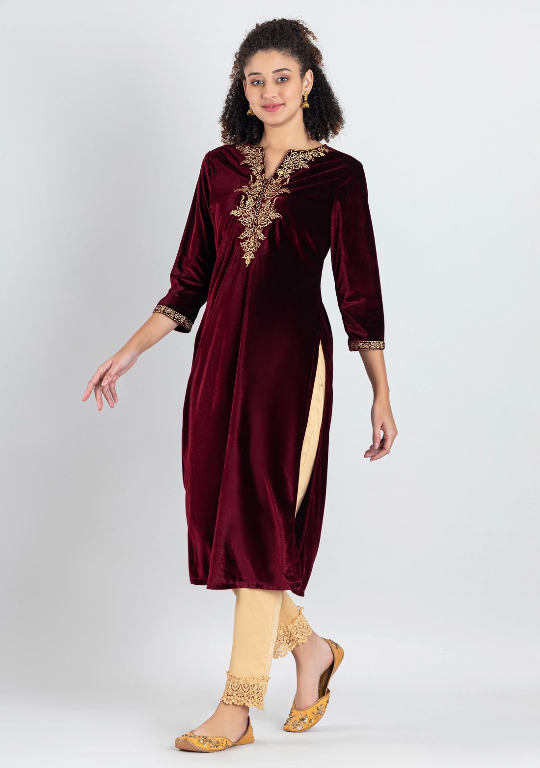 Maroon Velvet Embroidered Straight Kurta