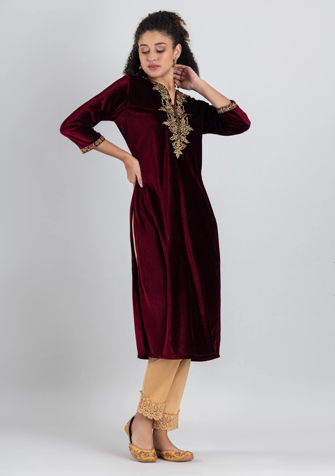 Maroon Velvet Embroidered Straight Kurta