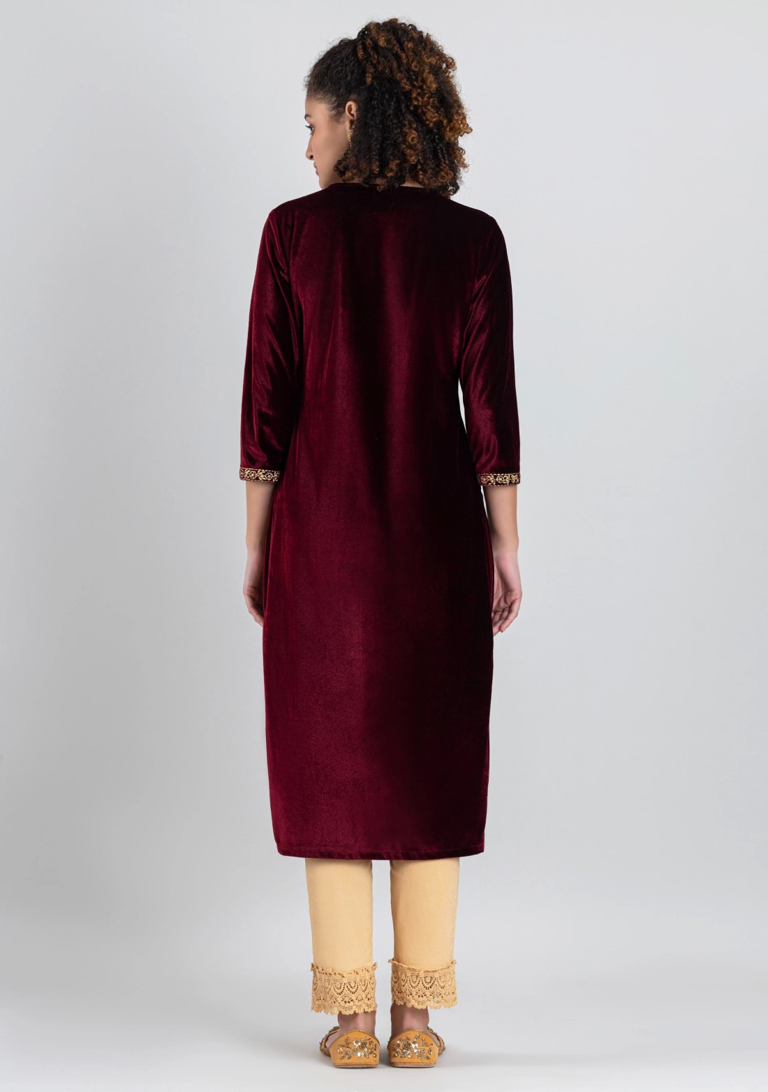 Maroon Velvet Embroidered Straight Kurta