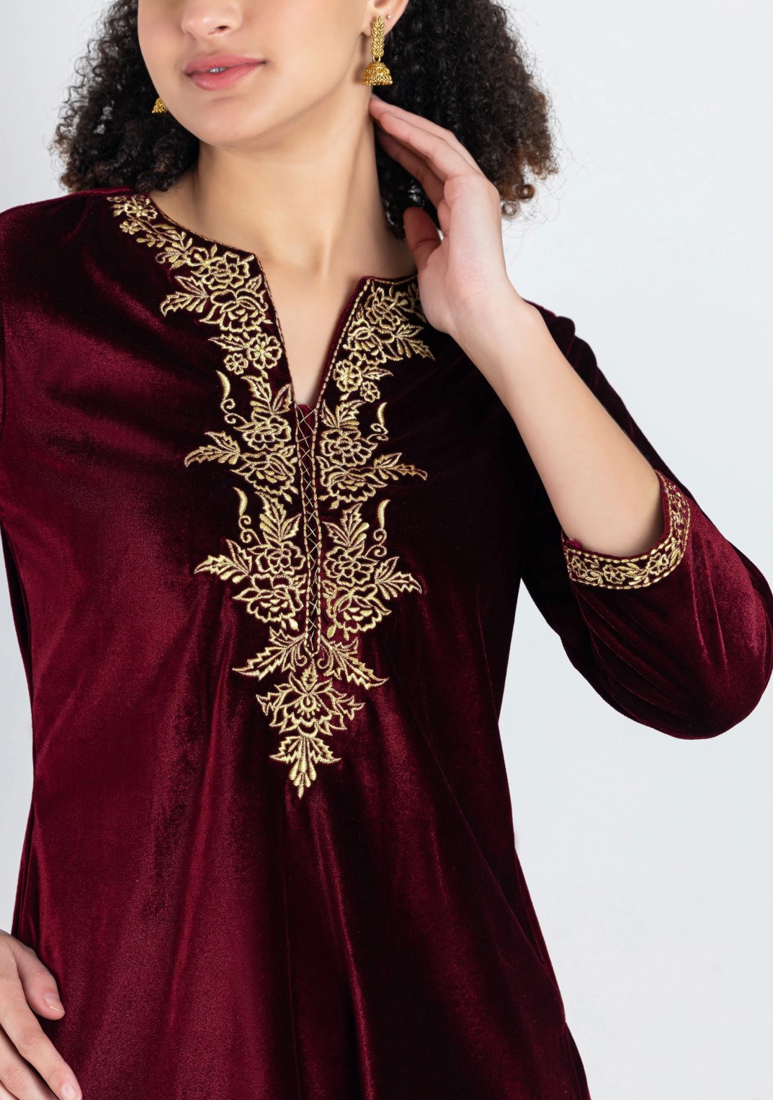 Maroon Velvet Embroidered Straight Kurta