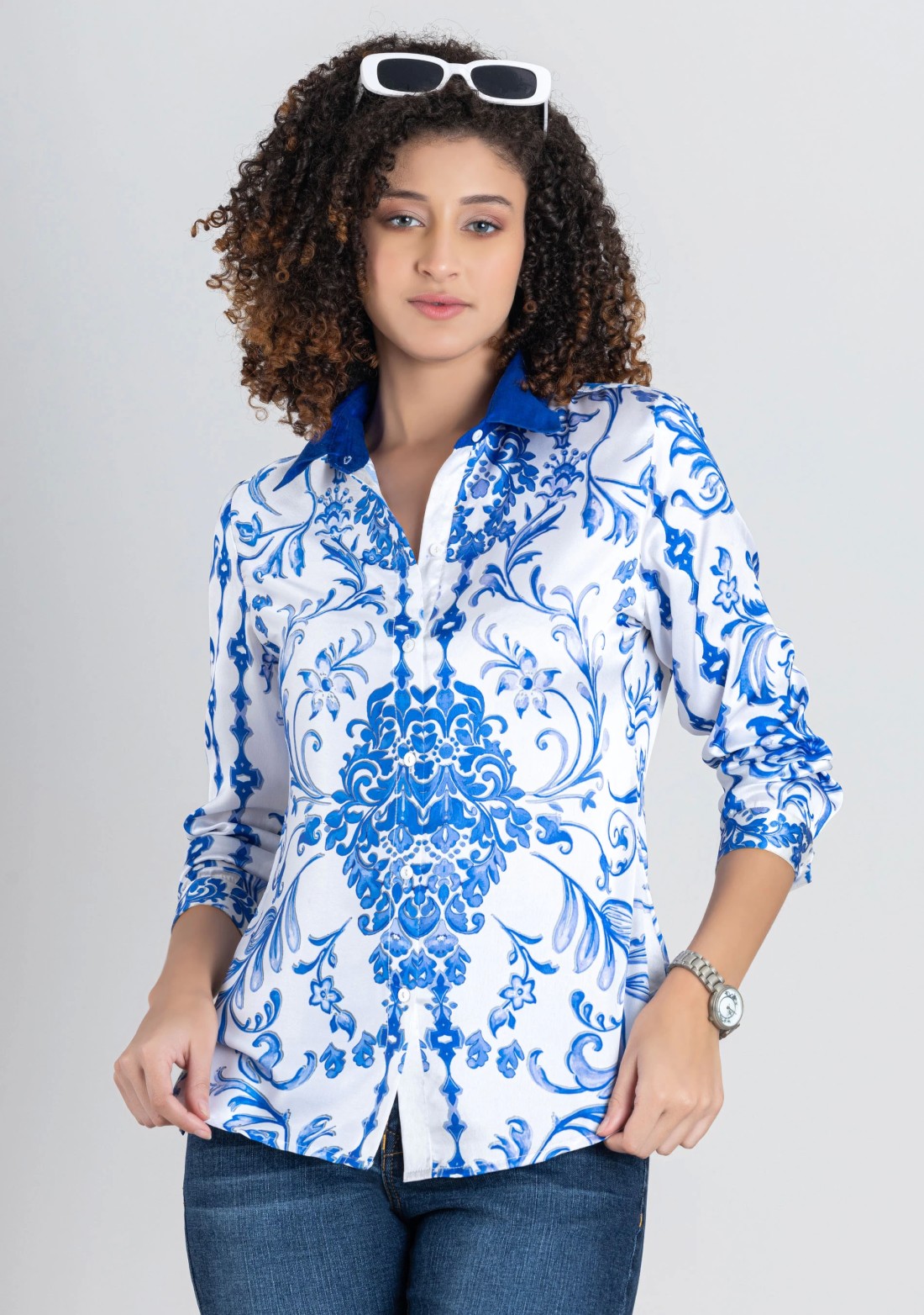 White Floral Print Satin Shirt