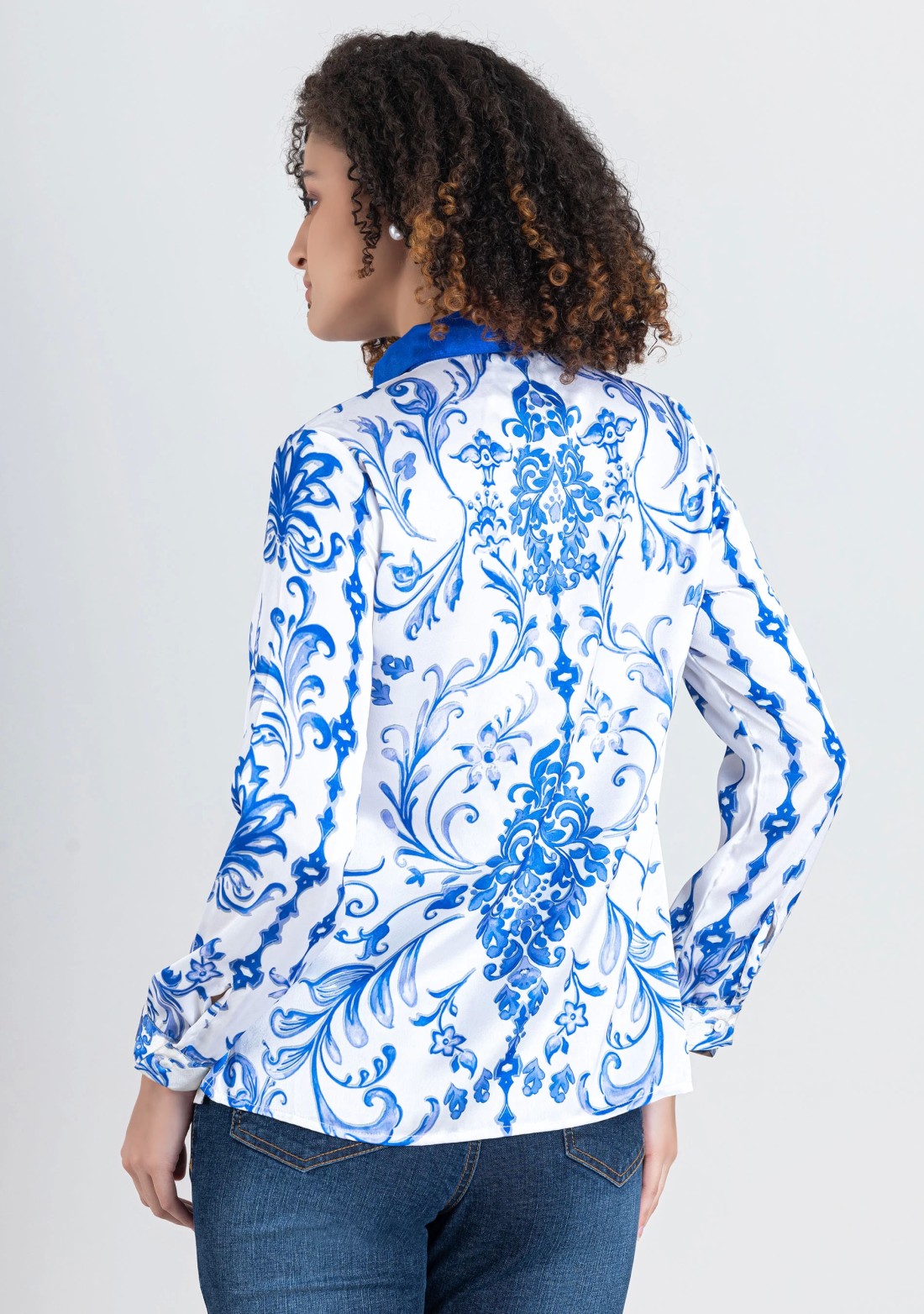 White Floral Print Satin Shirt