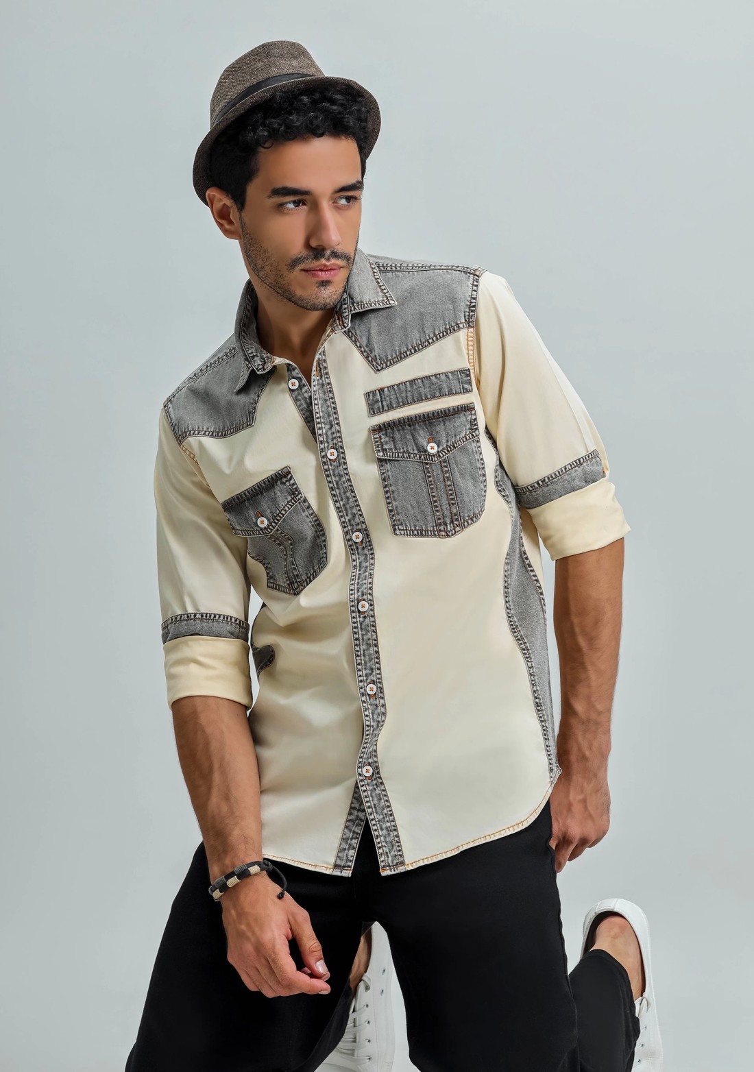 Beige Regular Fit Men's Denim Cotton Shirt