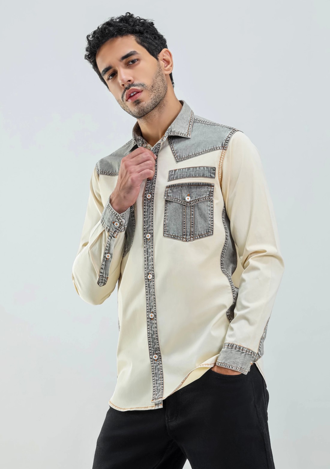 Beige Regular Fit Men's Denim Cotton Shirt