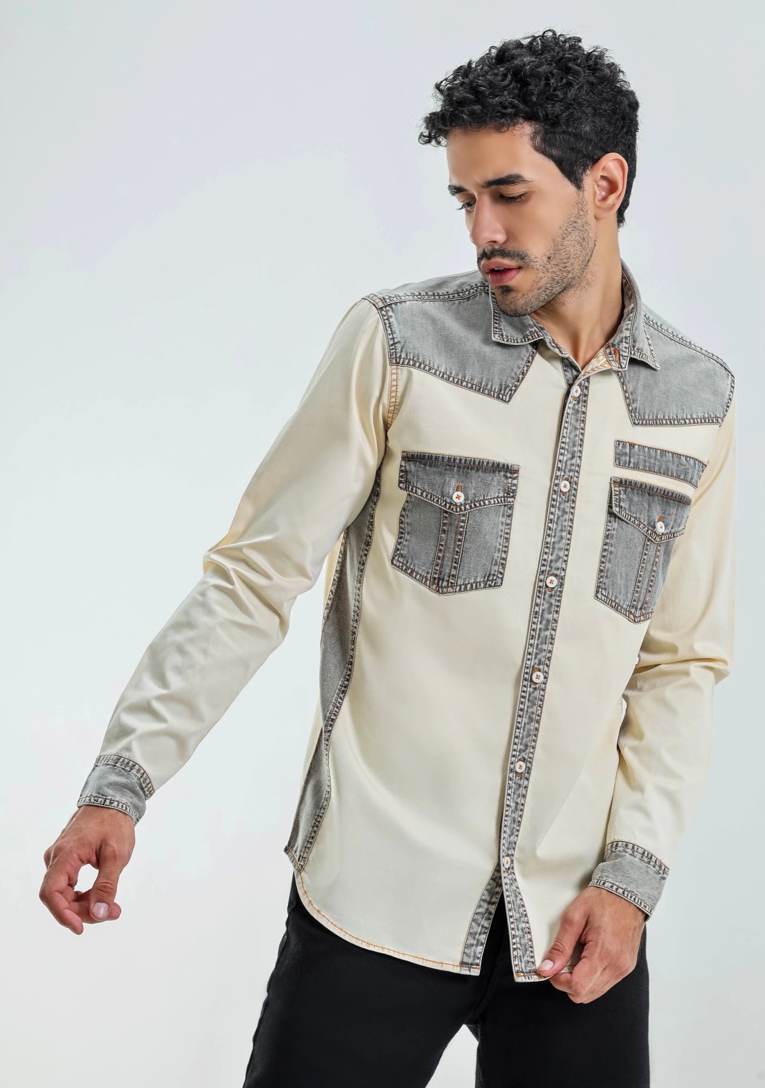 Beige Regular Fit Men's Denim Cotton Shirt