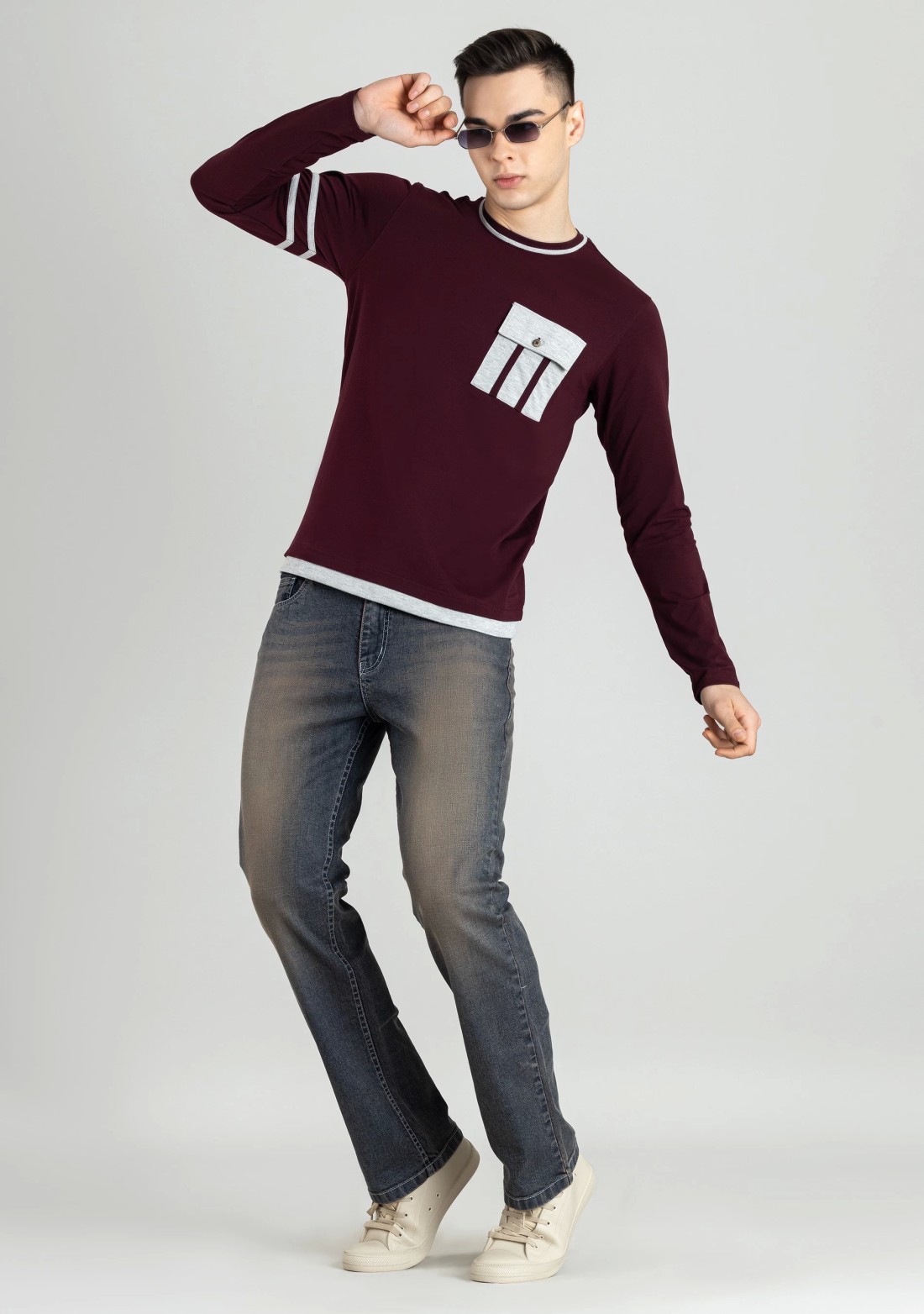 Maroon Regular Fit Men's Full Sleeves T-Shirt