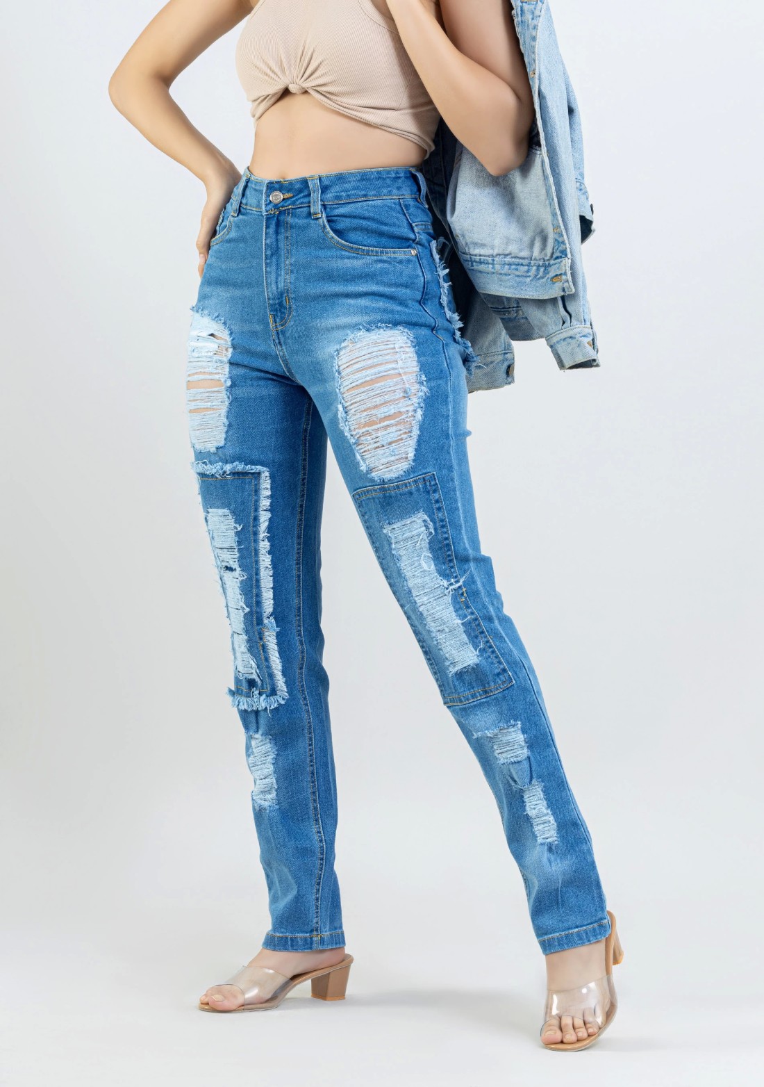 Blue Straight Fit Women's Heavily Distressed Jeans