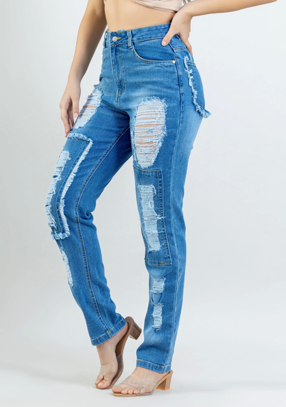 Blue Straight Fit Women's Heavily Distressed Jeans