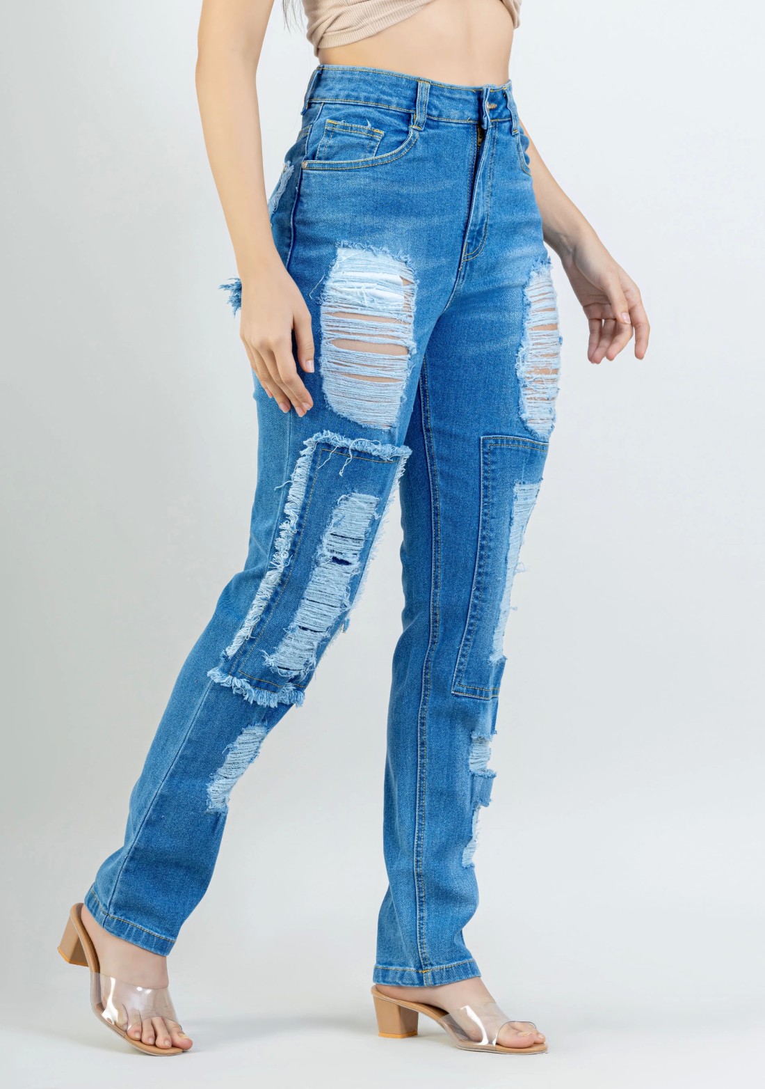 Blue Straight Fit Women's Heavily Distressed Jeans