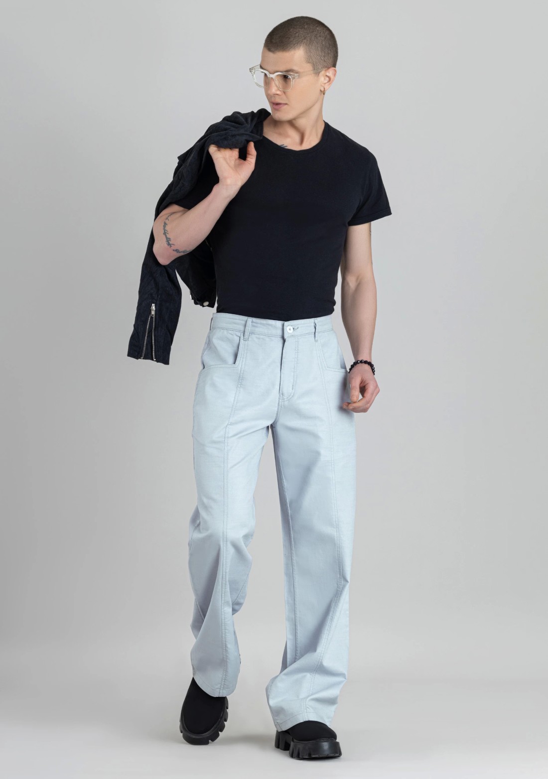 Light Grey Wide Leg Men’s Casual Cotton Trousers