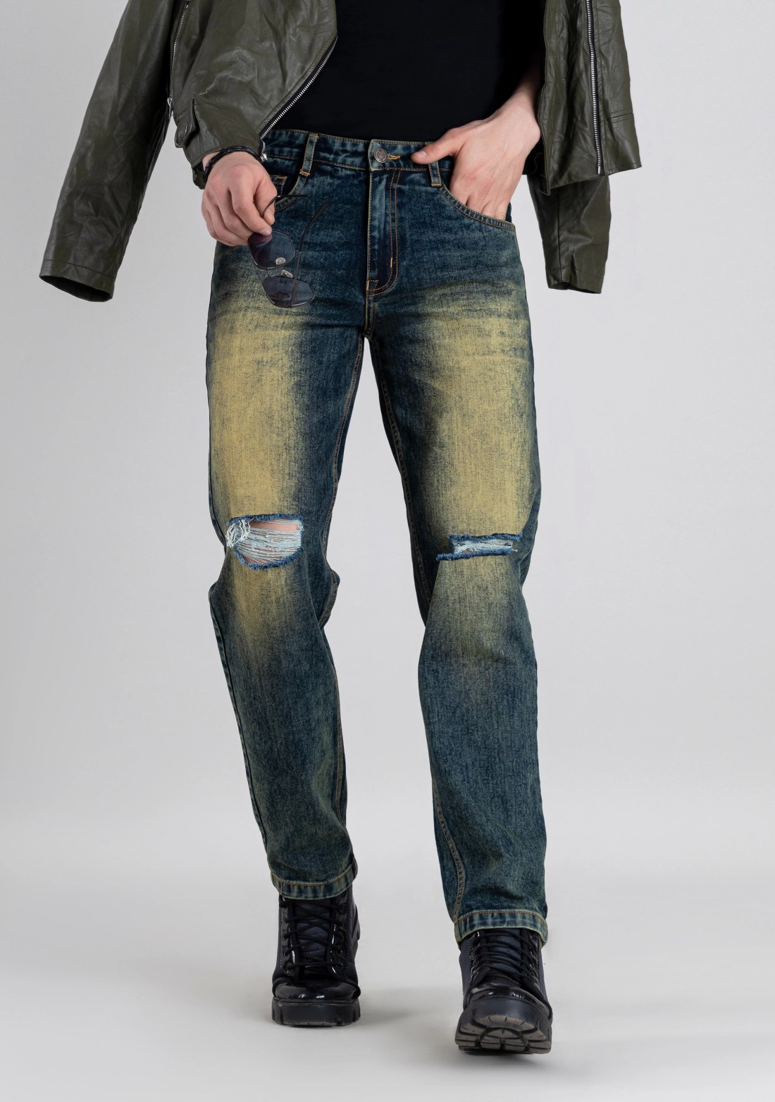 Greenish Blue Straight Fit Men's Distressed Jeans