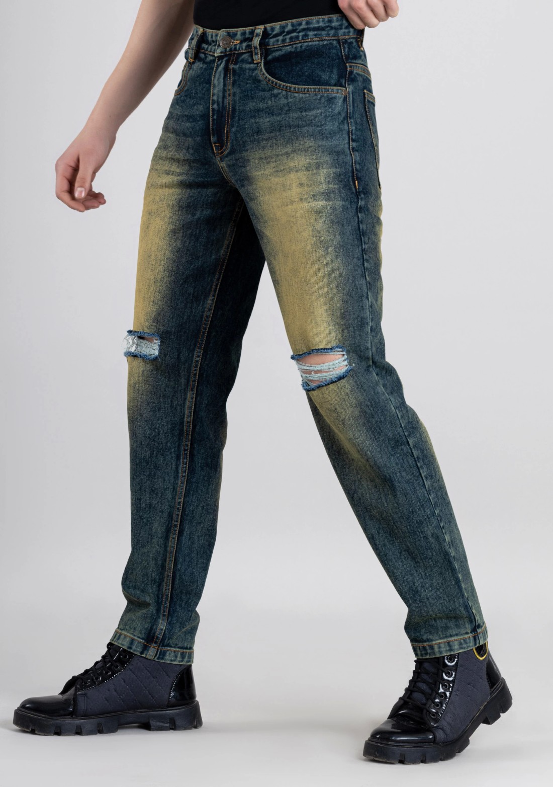 Greenish Blue Straight Fit Men's Distressed Jeans