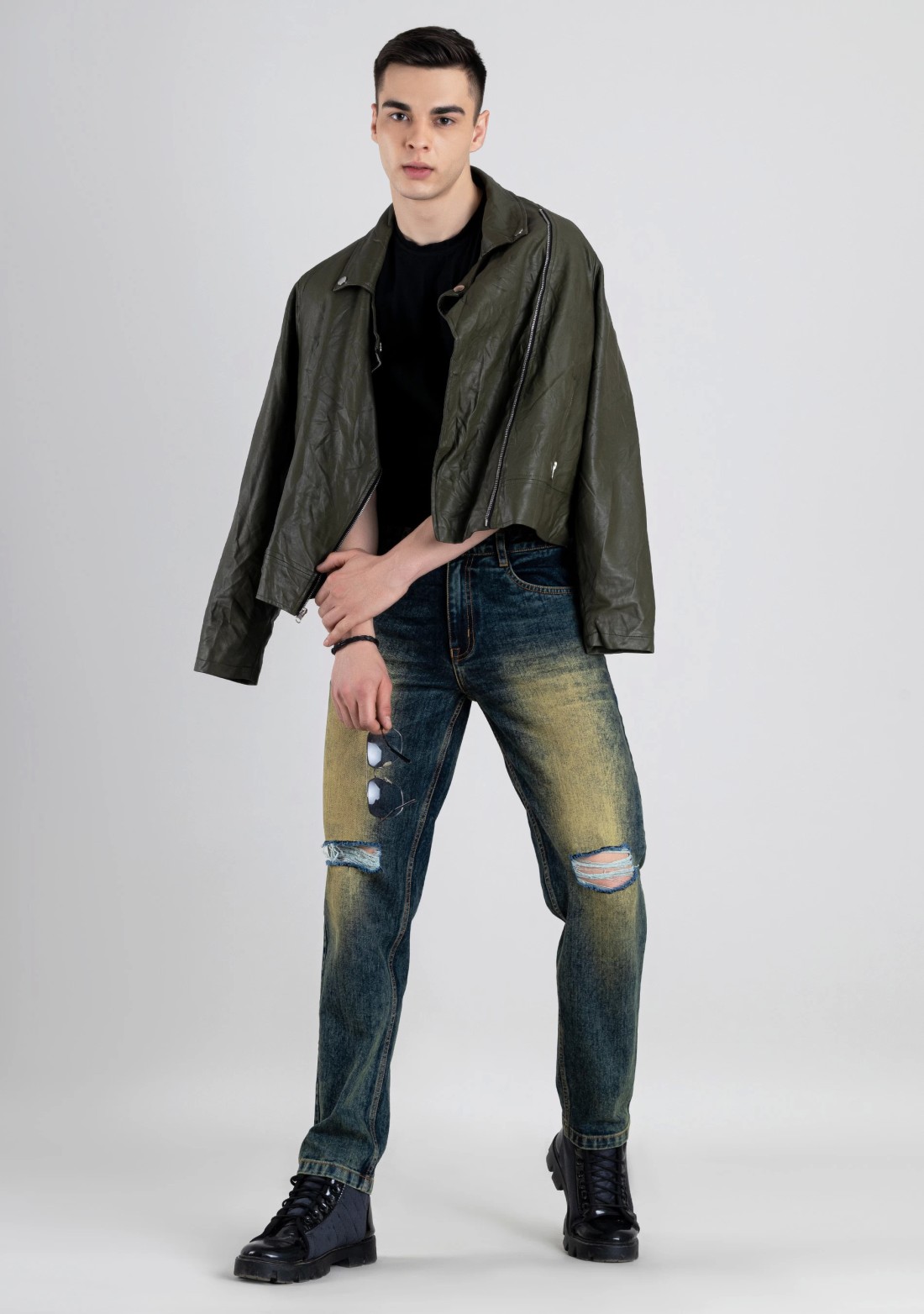 Greenish Blue Straight Fit Men's Distressed Jeans