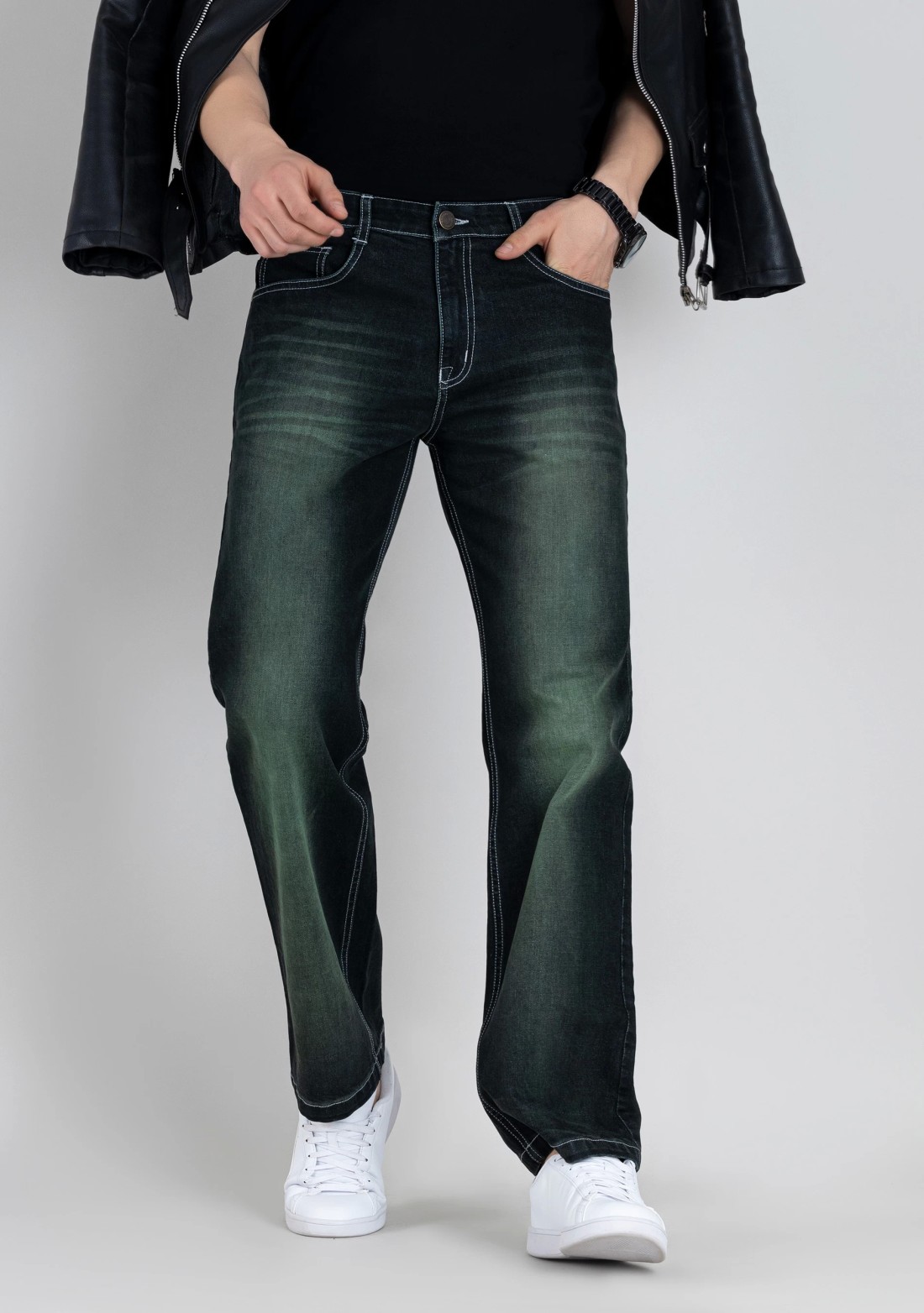 Blackish Green Wide Leg Men's Dual Tone Jeans