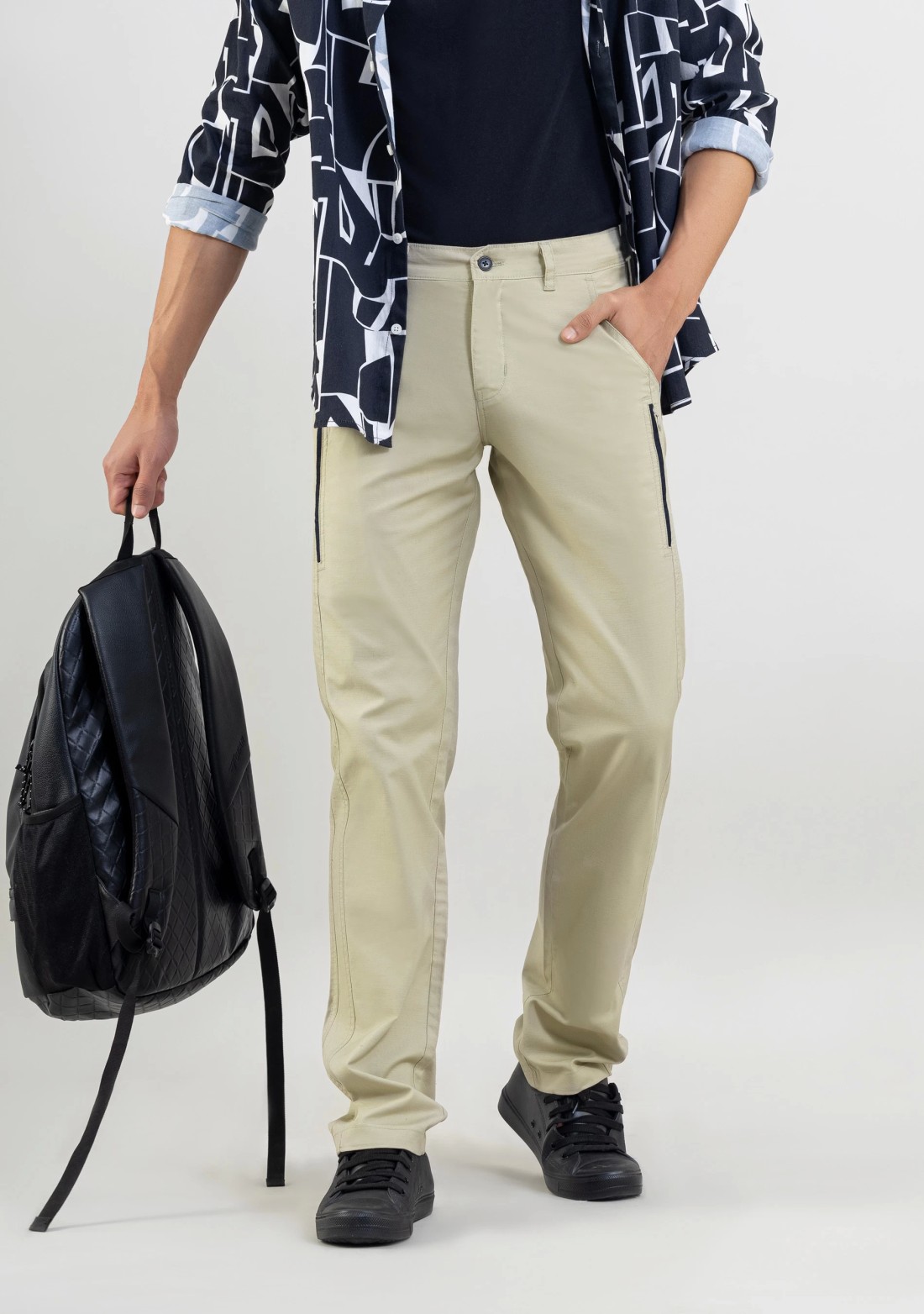 Beige  Regular Fit Men’s Casual Cotton Trousers