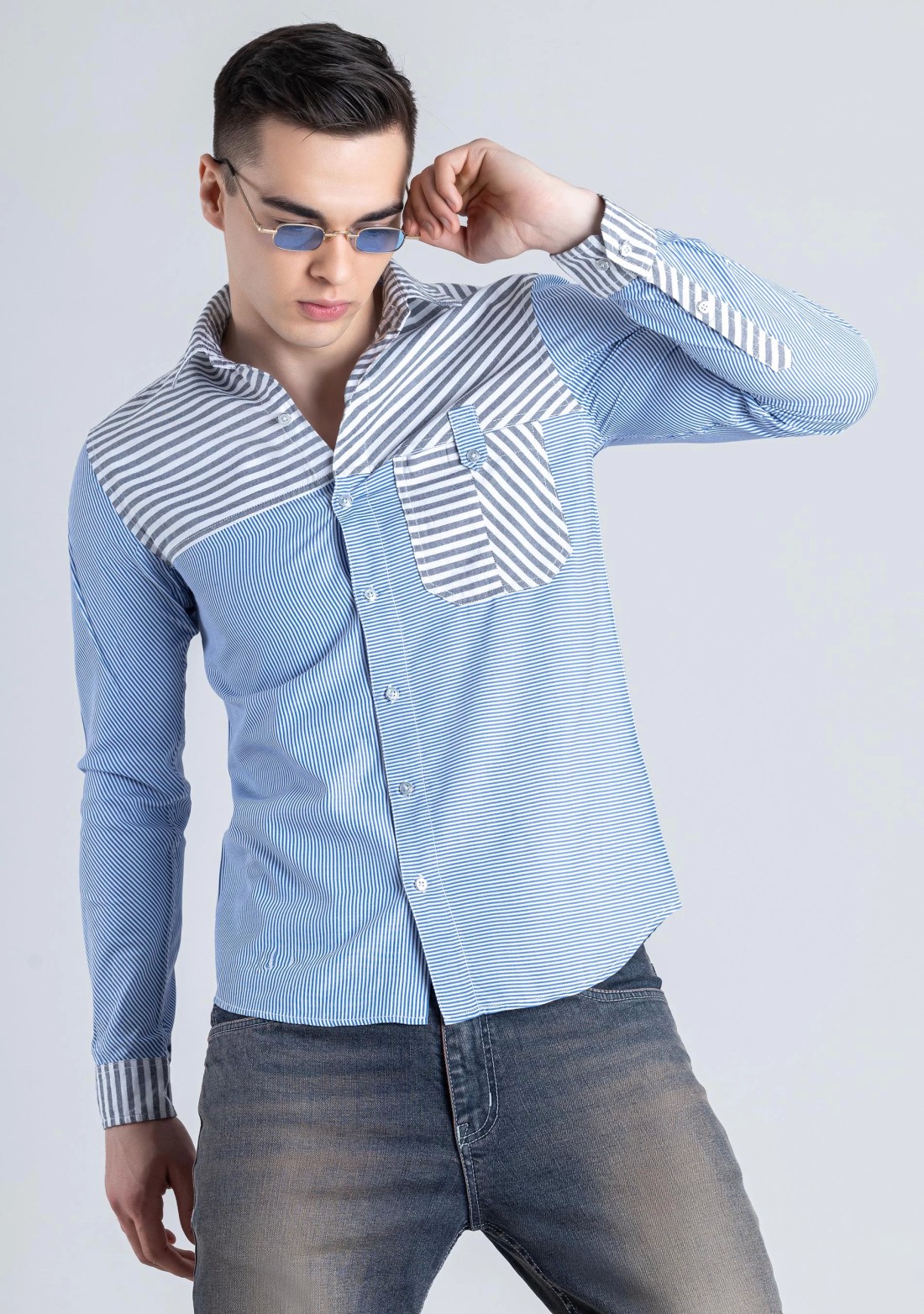 Blue Striped Slim Fit Men's Cotton Blend Shirt