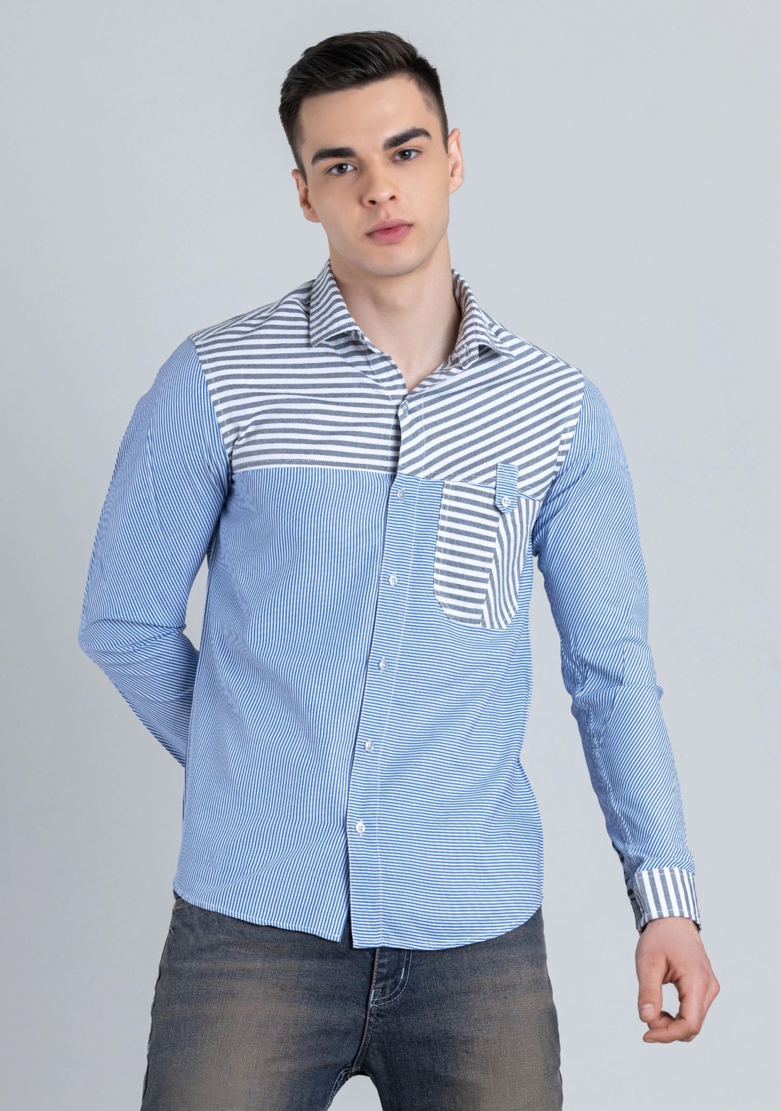 Blue Striped Slim Fit Men's Cotton Blend Shirt