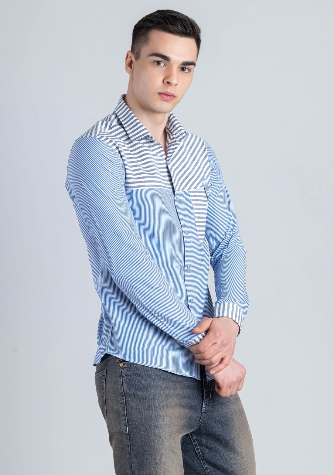 Blue Striped Slim Fit Men's Cotton Blend Shirt