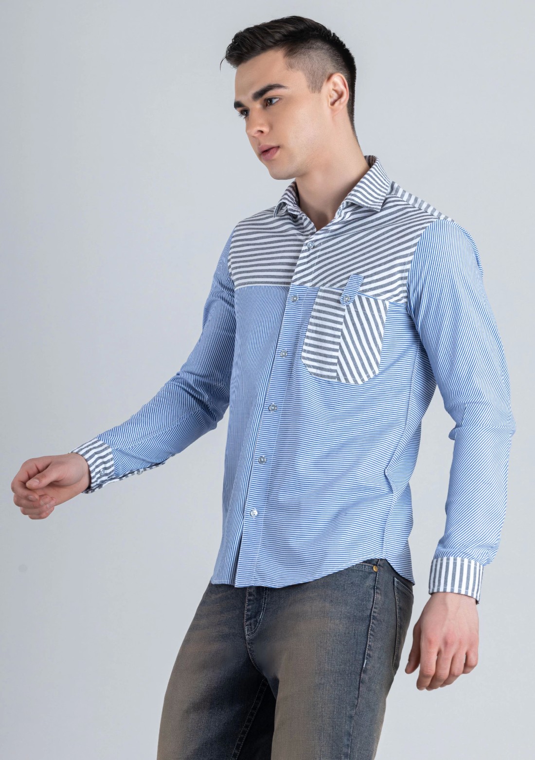 Blue Striped Slim Fit Men's Cotton Blend Shirt