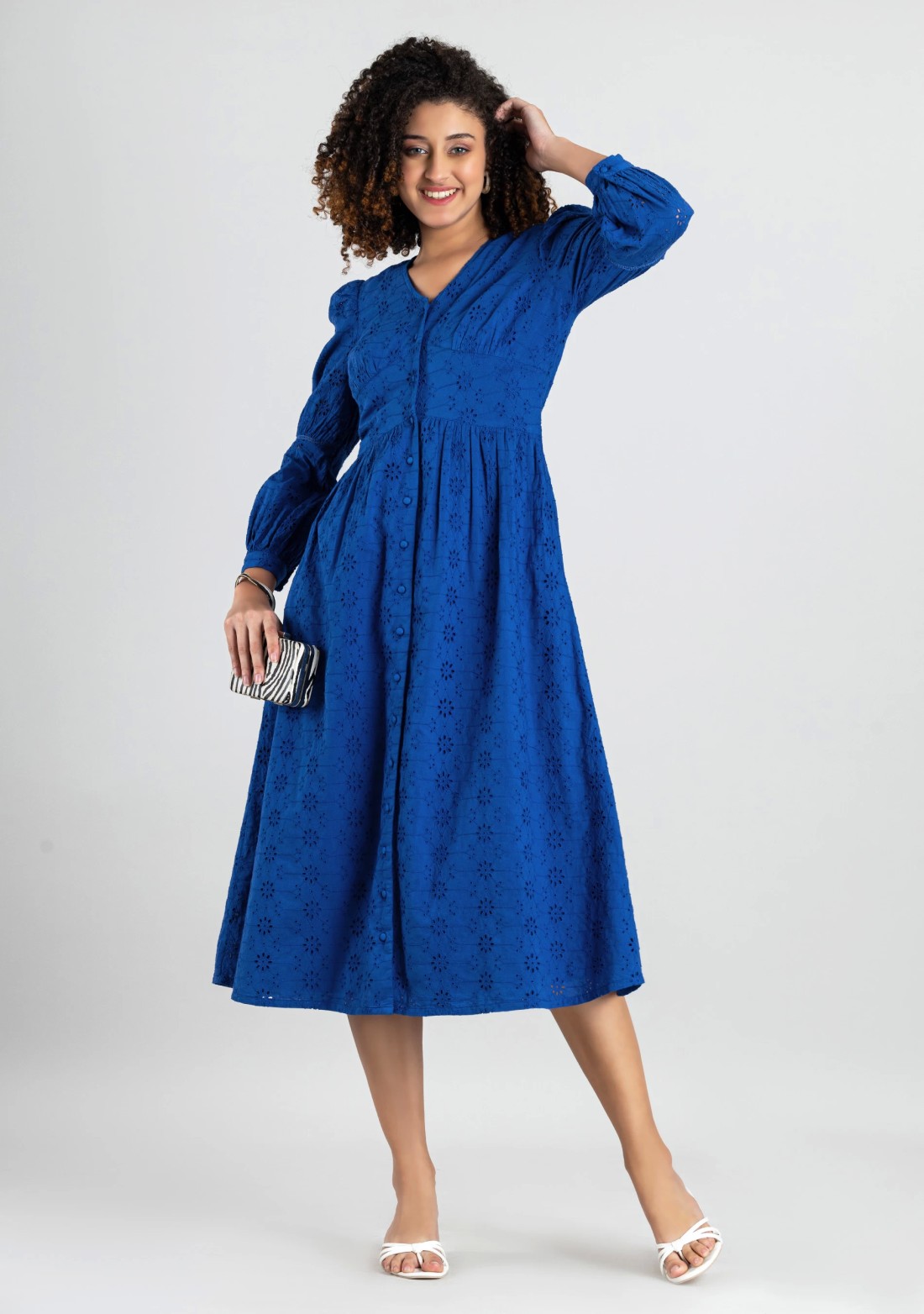 Royal Blue Schiffli Embroidered Cotton Flared Midi Dress