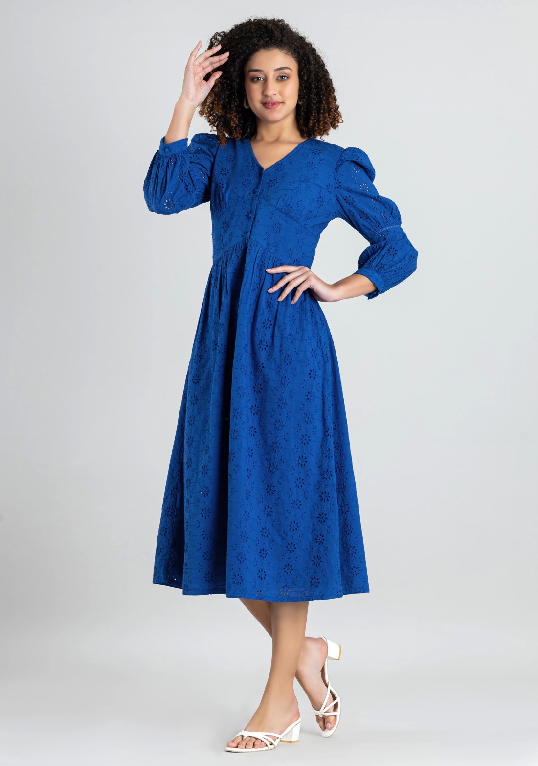 Royal Blue Schiffli Embroidered Cotton Flared Midi Dress