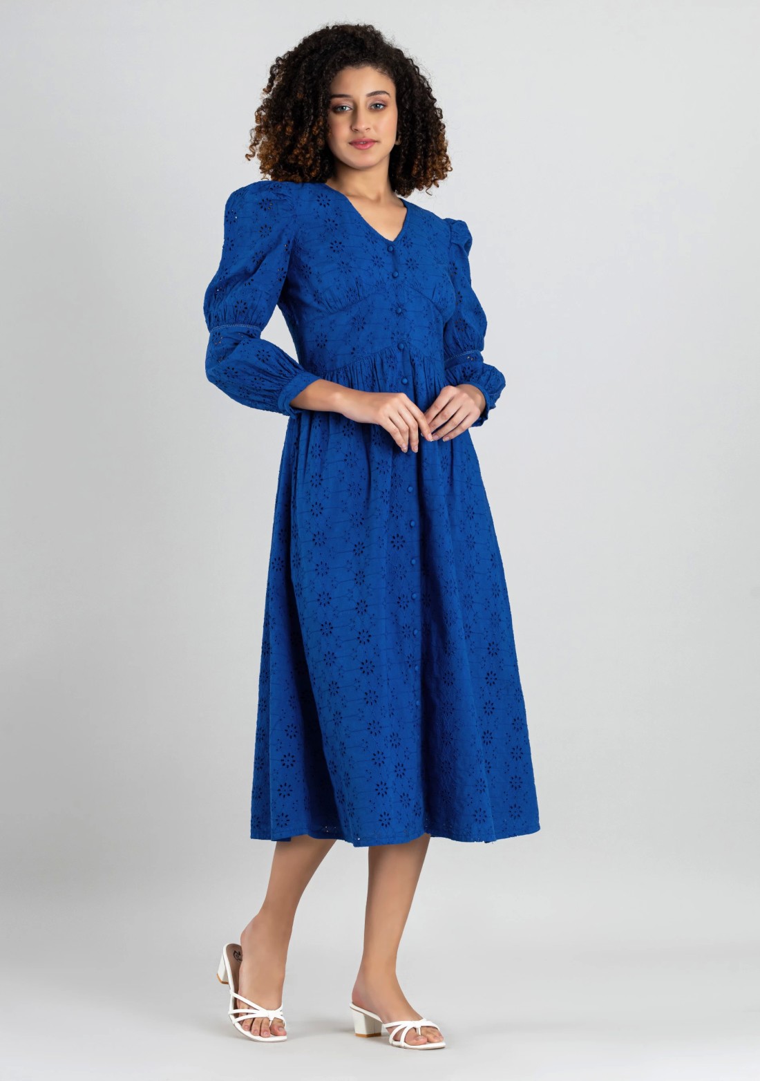 Royal Blue Schiffli Embroidered Cotton Flared Midi Dress