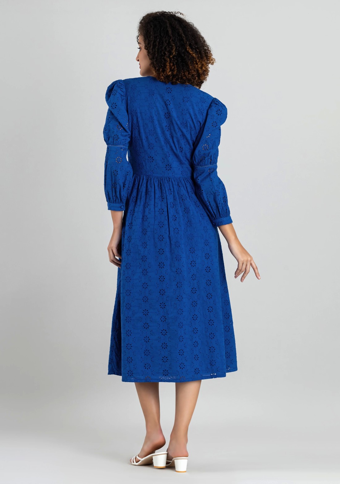 Royal Blue Schiffli Embroidered Cotton Flared Midi Dress