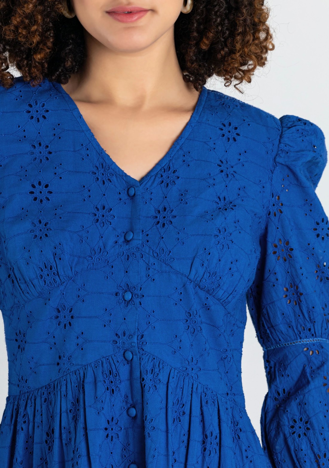 Royal Blue Schiffli Embroidered Cotton Flared Midi Dress