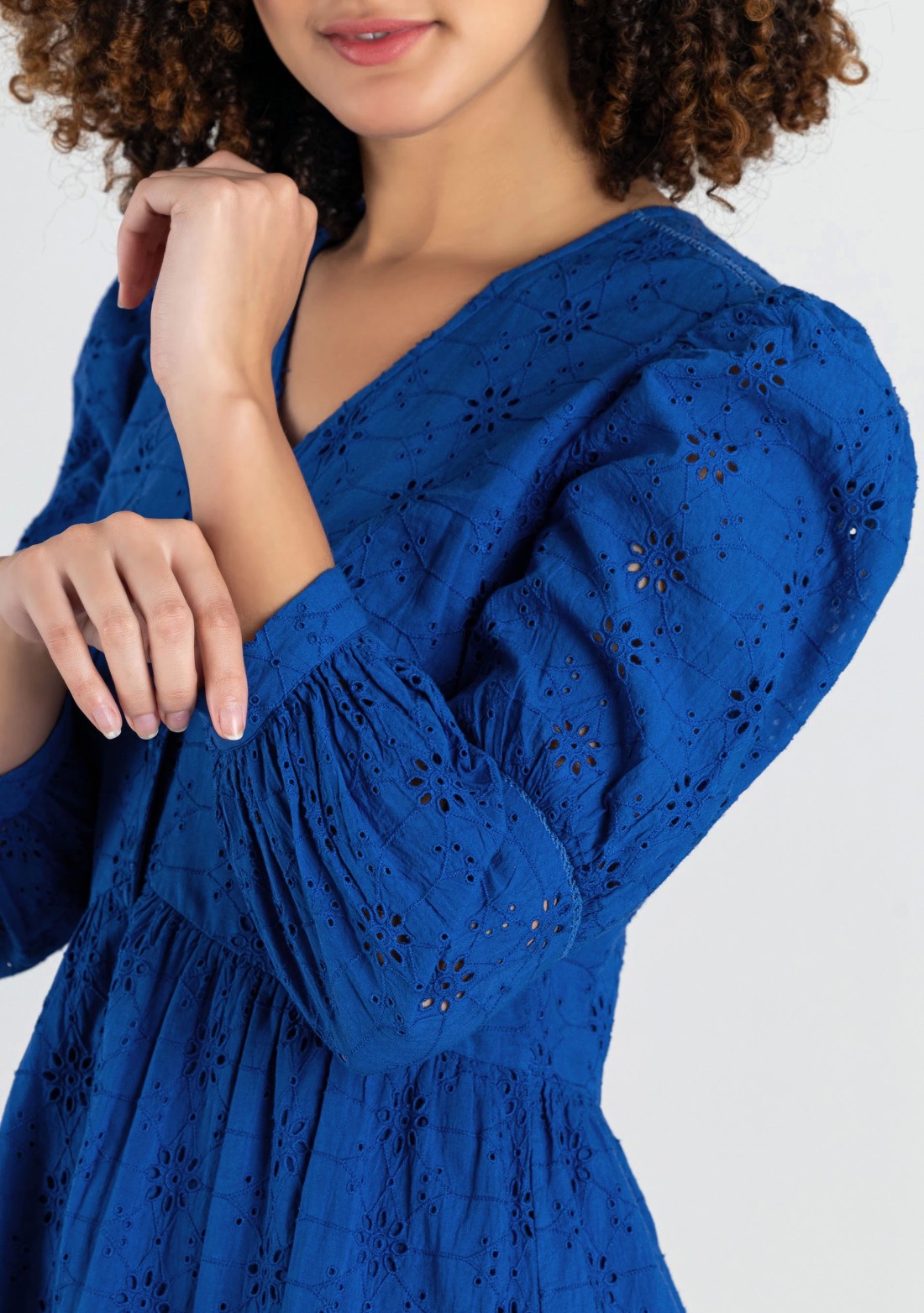 Royal Blue Schiffli Embroidered Cotton Flared Midi Dress