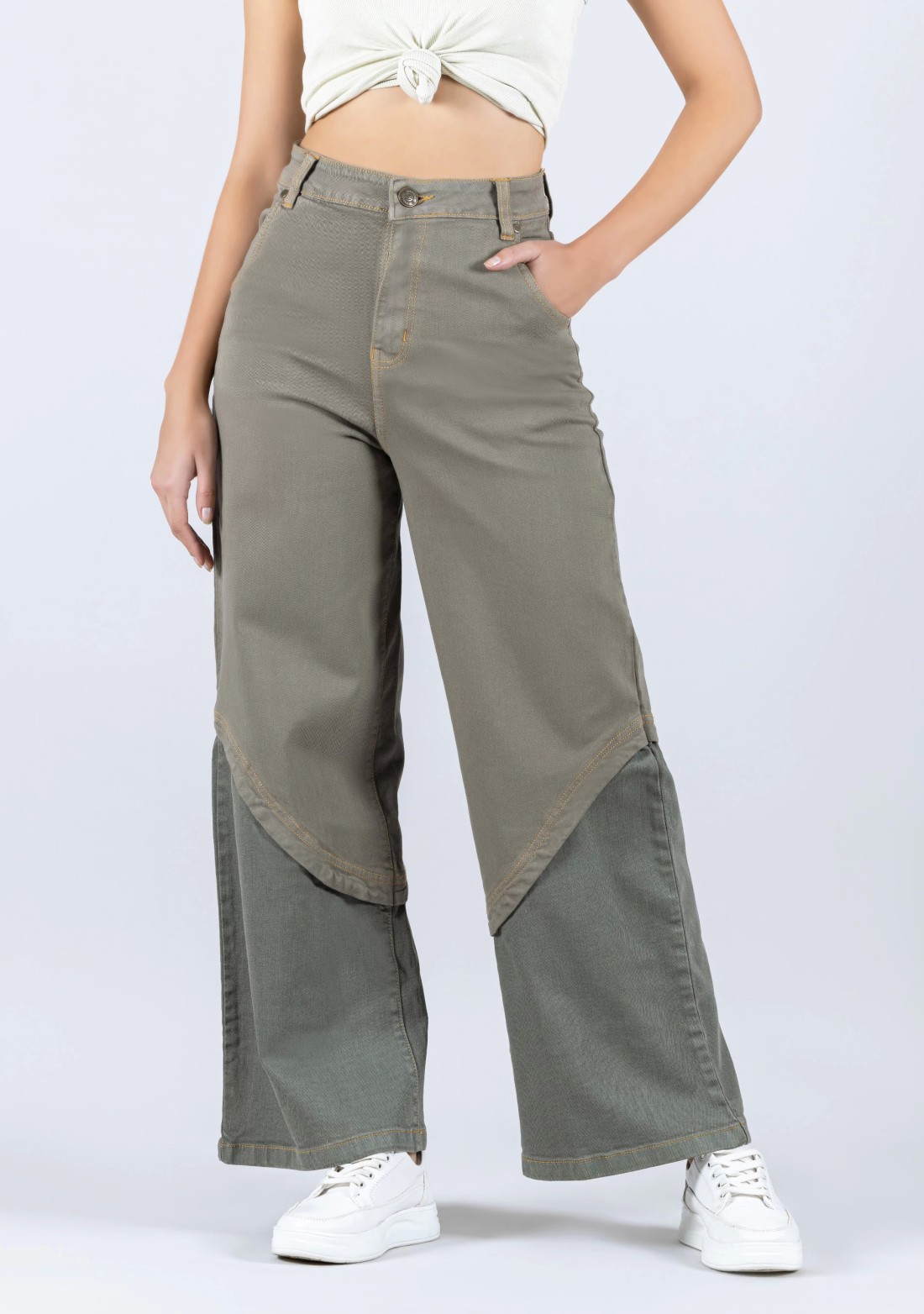 Grey Wide Leg Two Tone Panel Fashion Women's Jeans