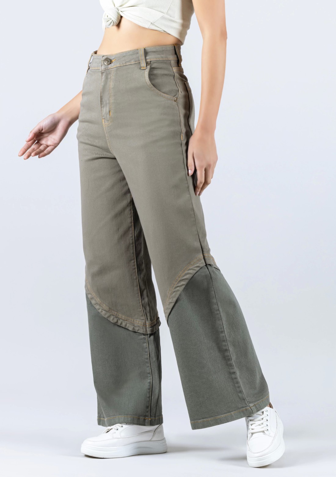 Grey Wide Leg Two Tone Panel Fashion Women's Jeans